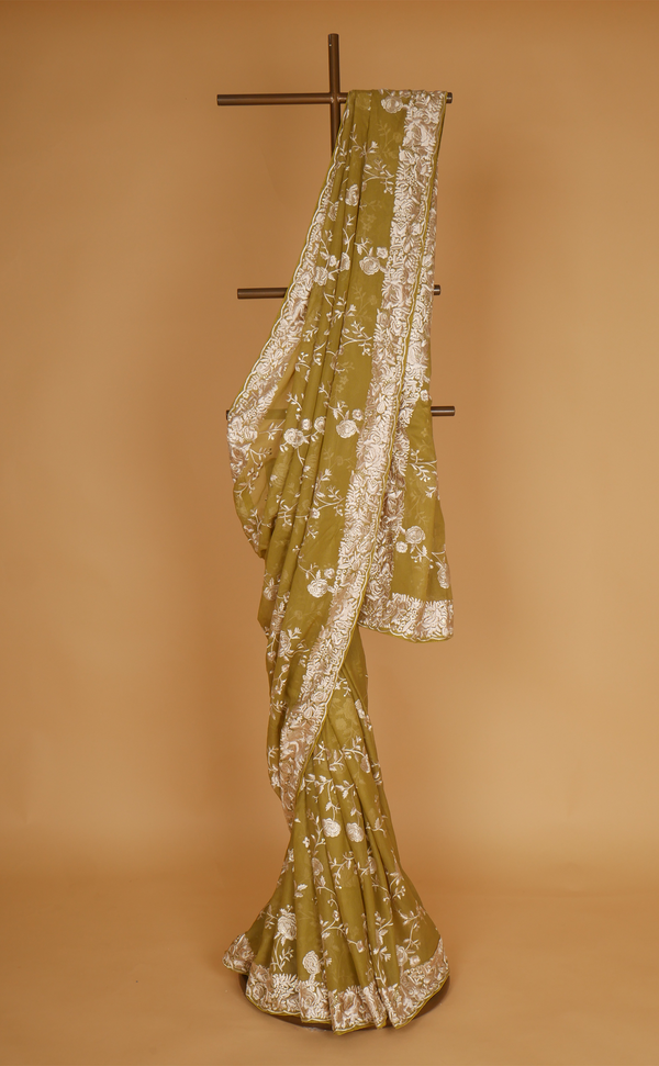 Mehendi Green Parsi Jaal Embroidery Saree In Vegan Georgette