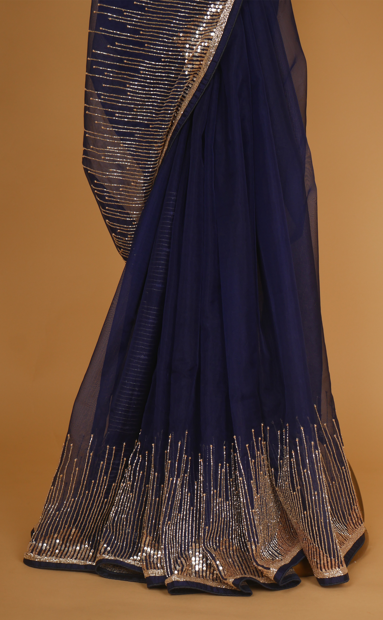 Navy Blue Hand Embroidery Saree In Vegan Soft Organza