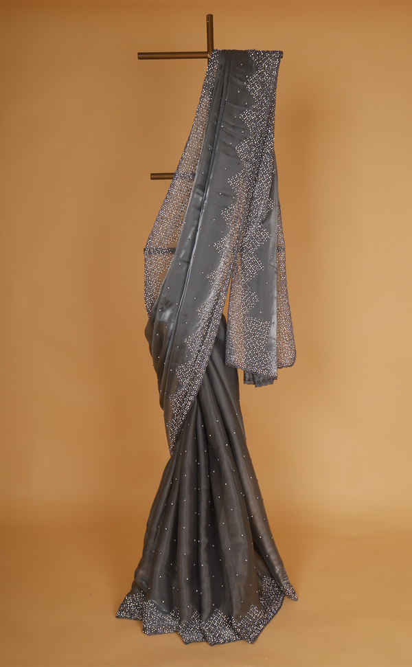 Grey Hand Embroidery Saree In Vegan Glass Organza