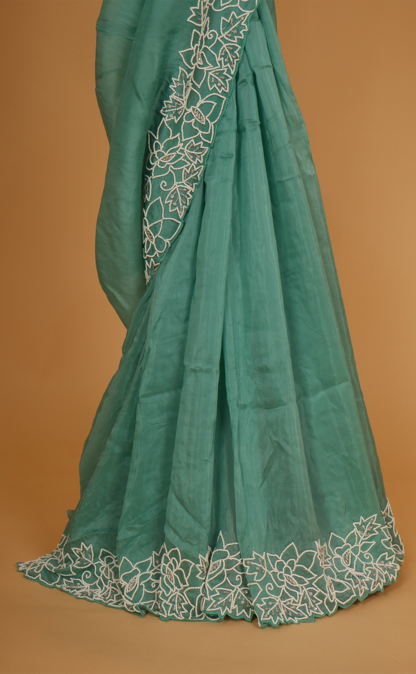 Sea Green Hand Embroidery Saree In Vegan Soft Organza