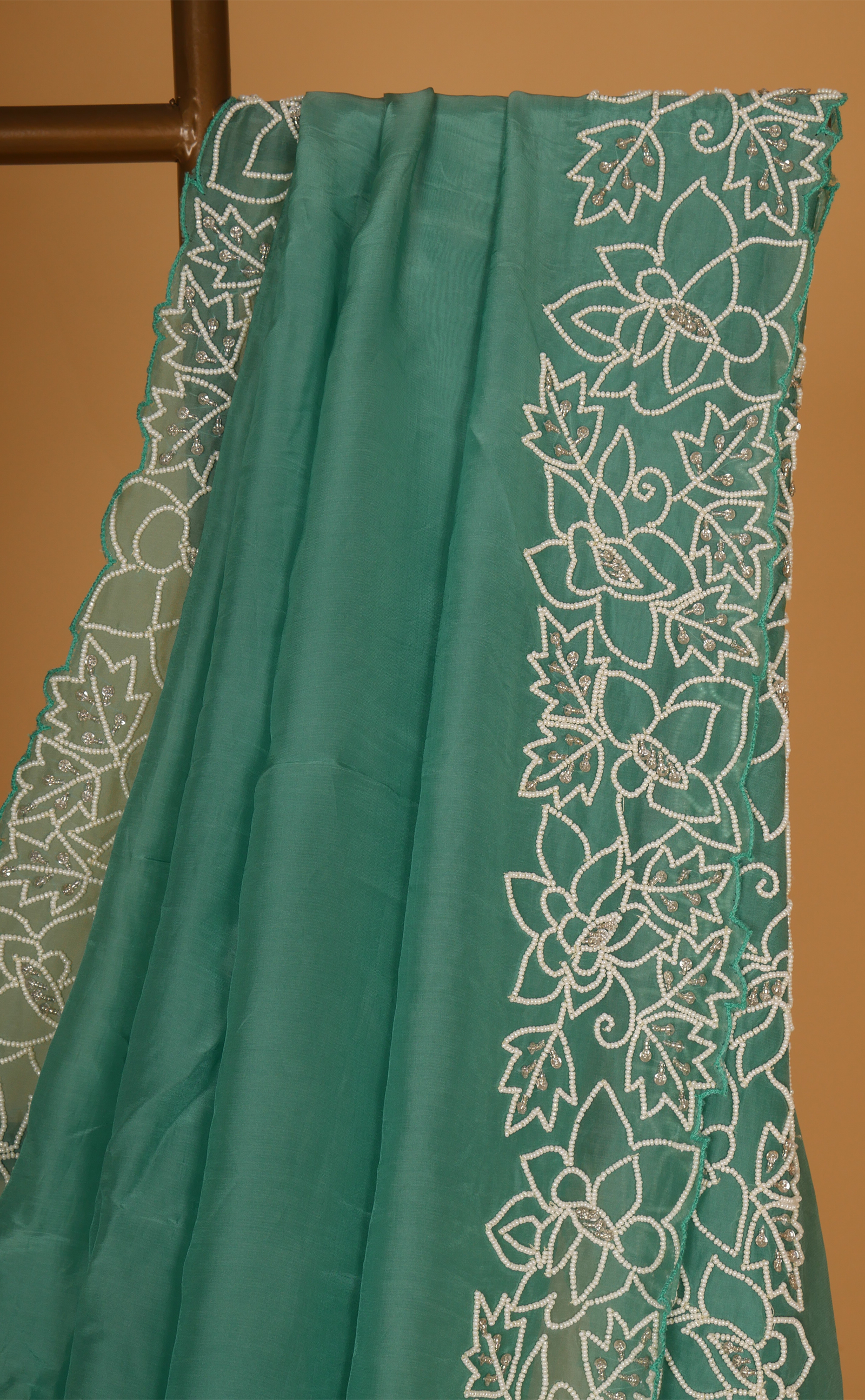 Sea Green Hand Embroidery Saree In Vegan Soft Organza