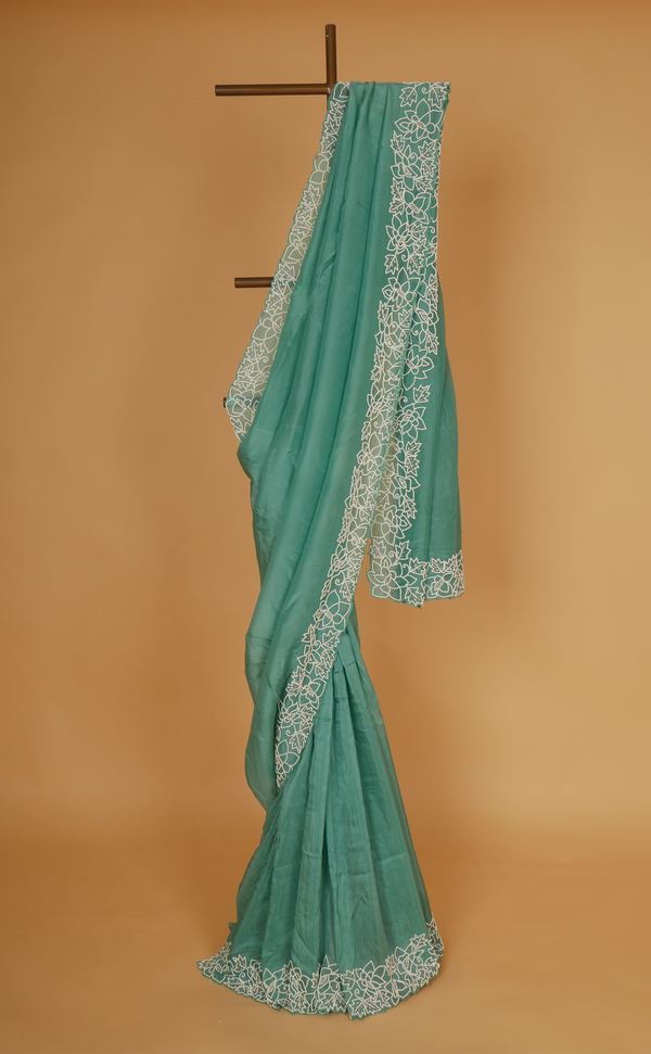 Sea Green Hand Embroidery Saree In Vegan Soft Organza