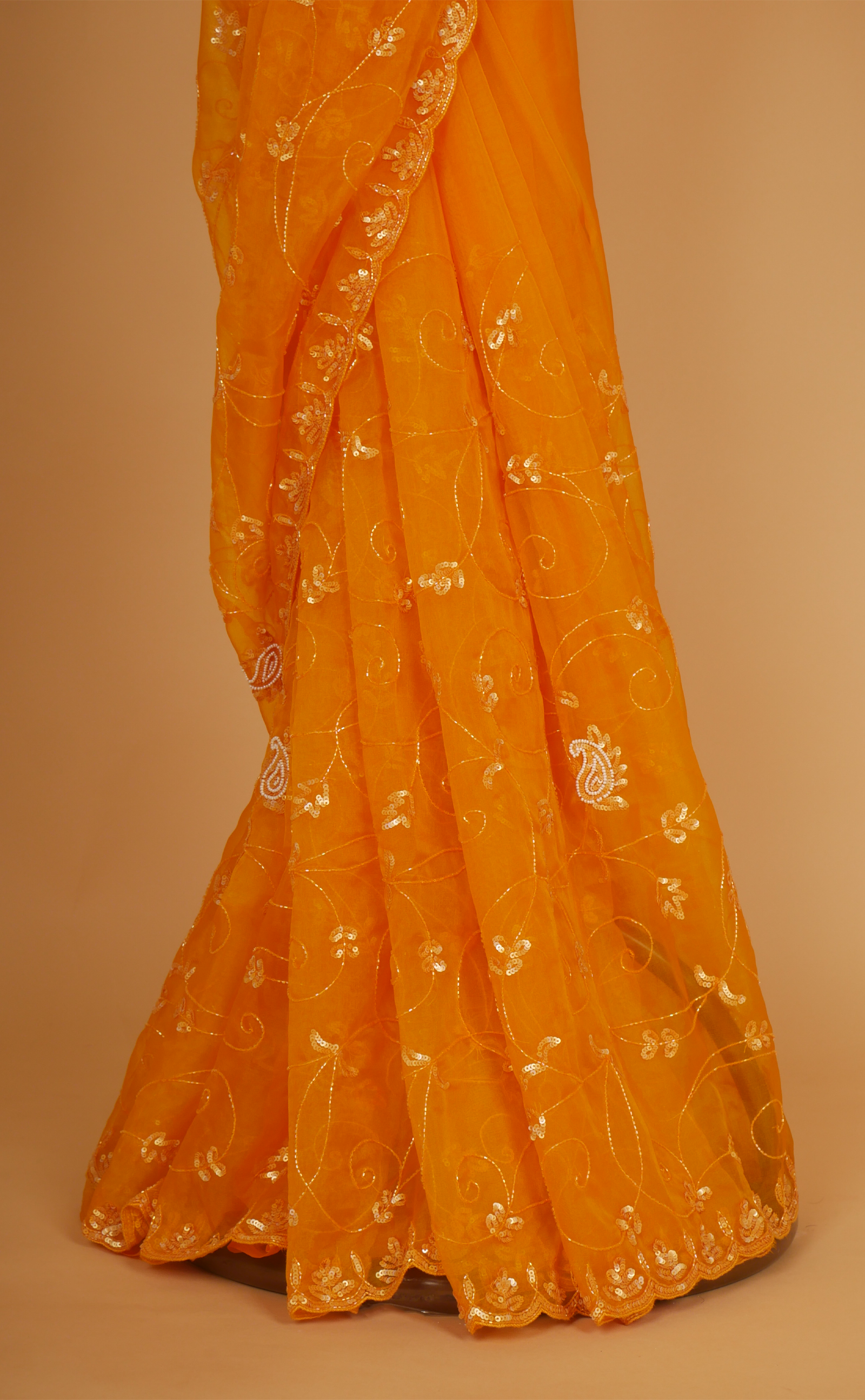 Mustard Hand Embroidery Saree In Vegan Soft Organza