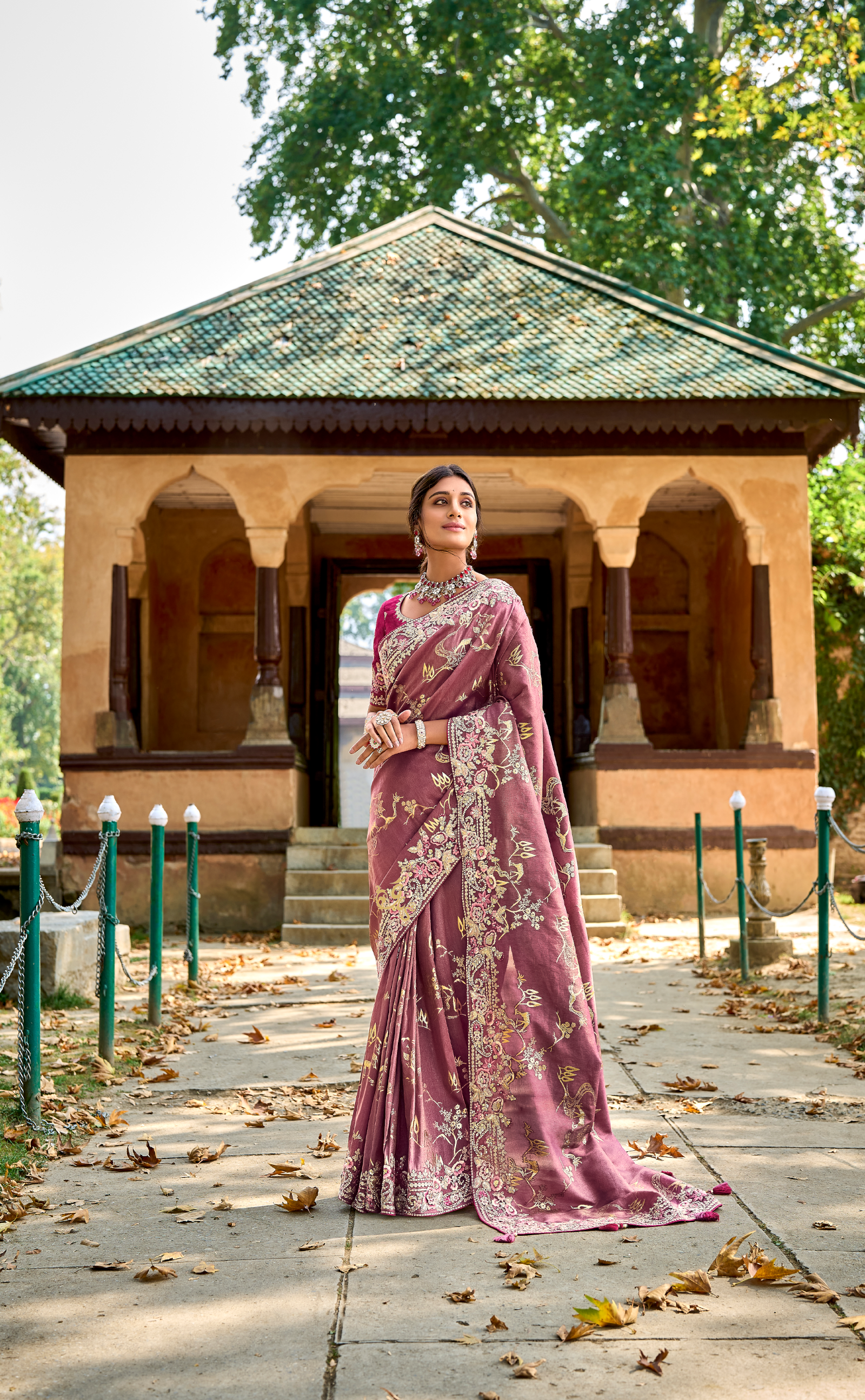 Coral Tree Embroidered Saree In Banarasi Vegan Tissue Silk