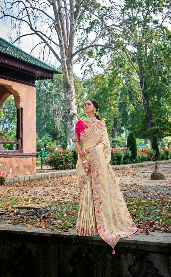 Vanilla Embroidered Saree In Banarasi Vegan Tissue Silk