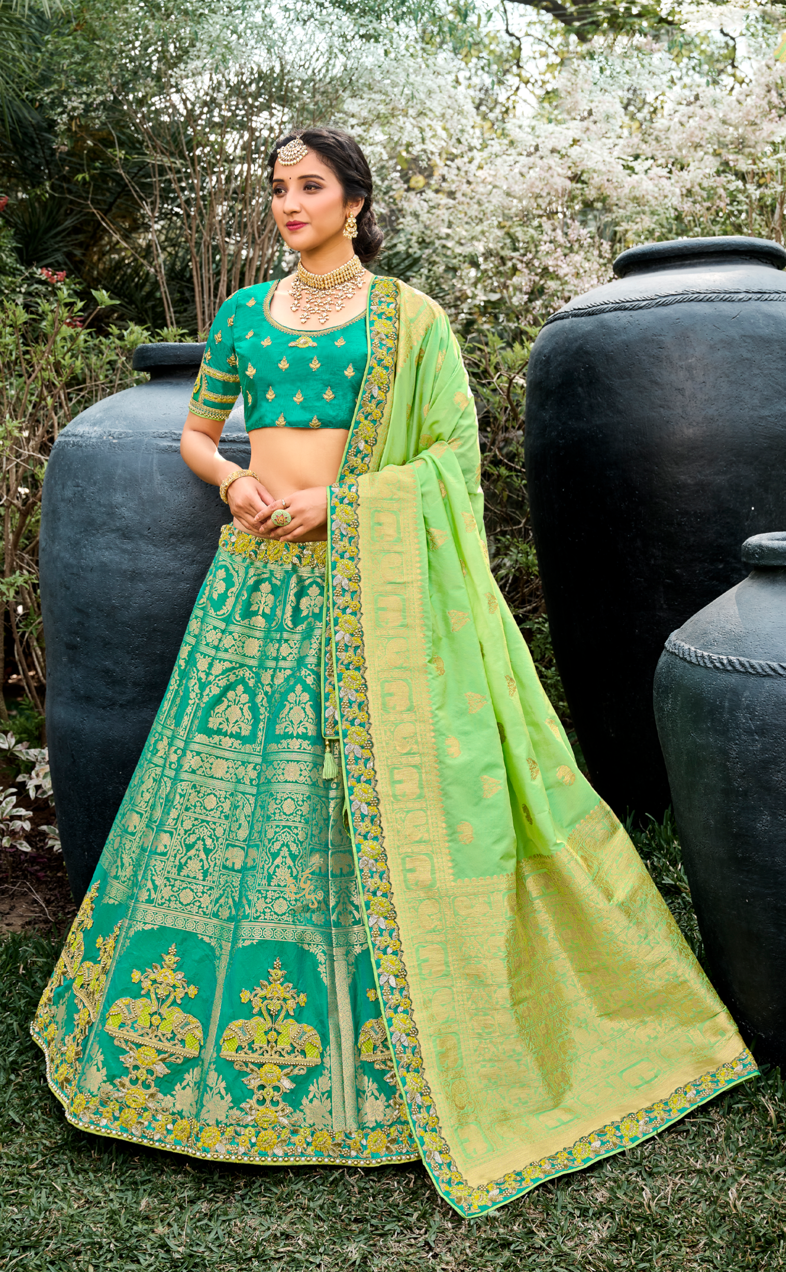 Sea Green Embroidered Lehenga In Banarasi Vegan Silk