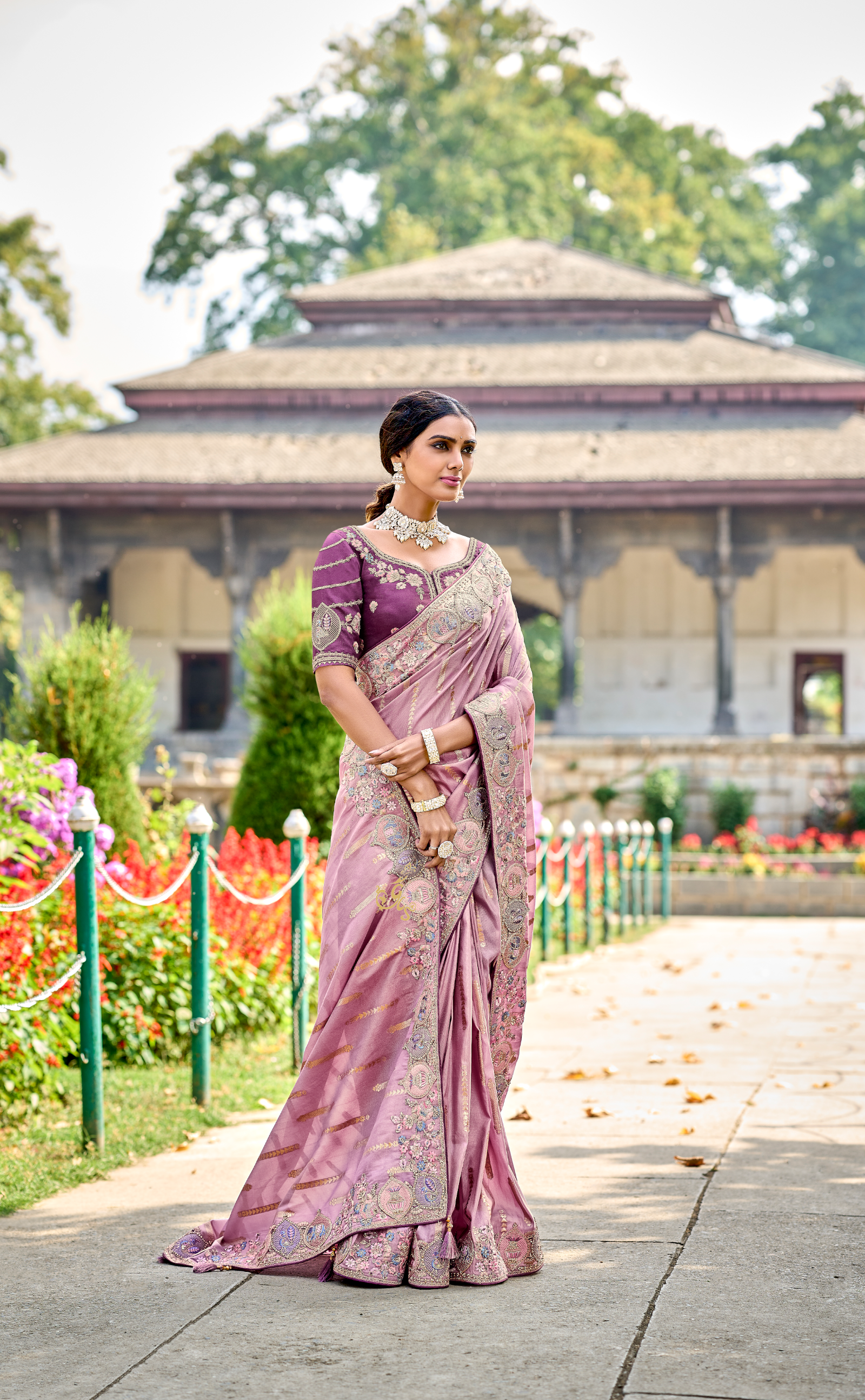 Careys Pink Embroidered Saree In Banarasi Vegan Tissue Silk