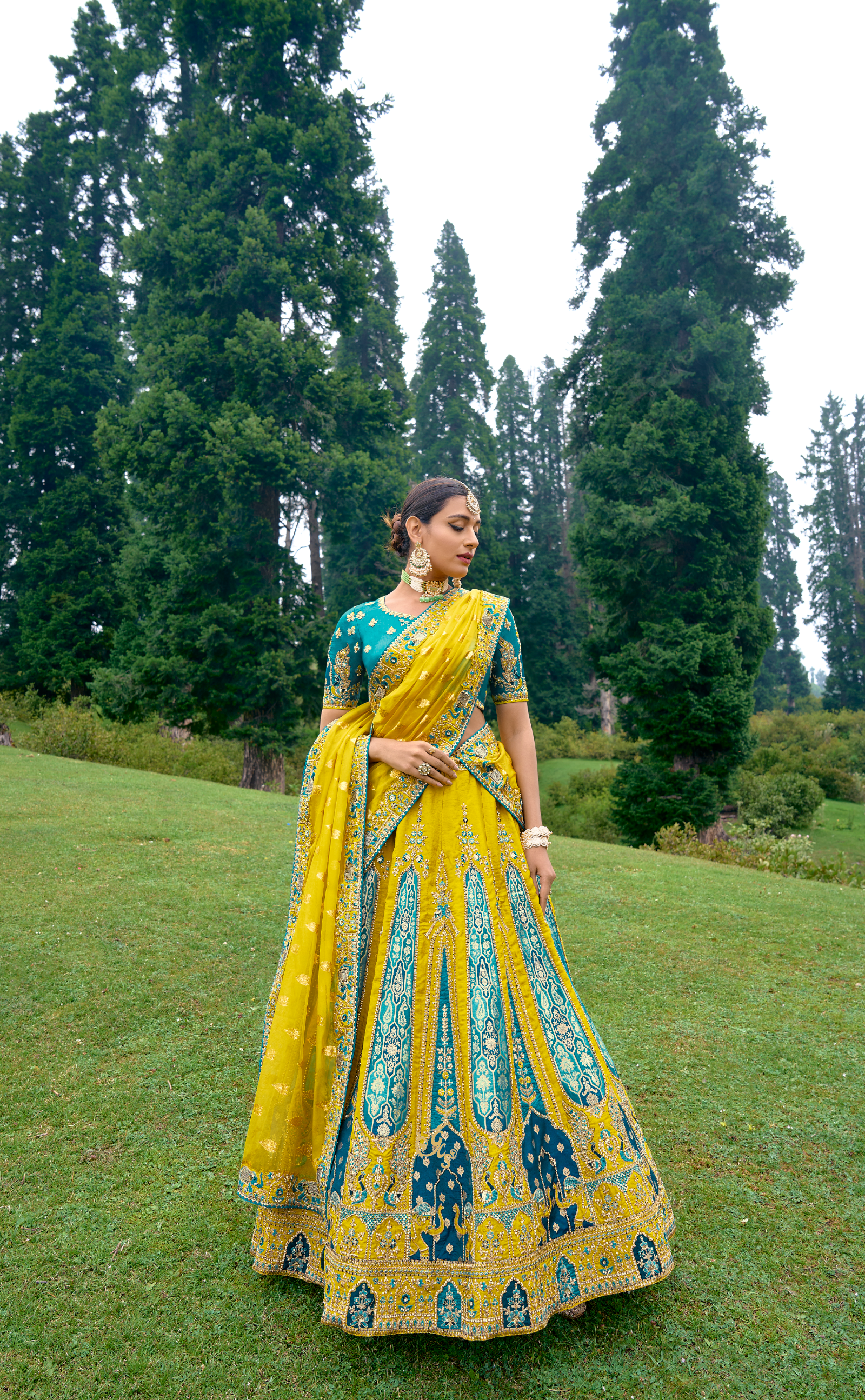 Mustard Embroidered Lehenga In Banarasi Vegan Raw Silk