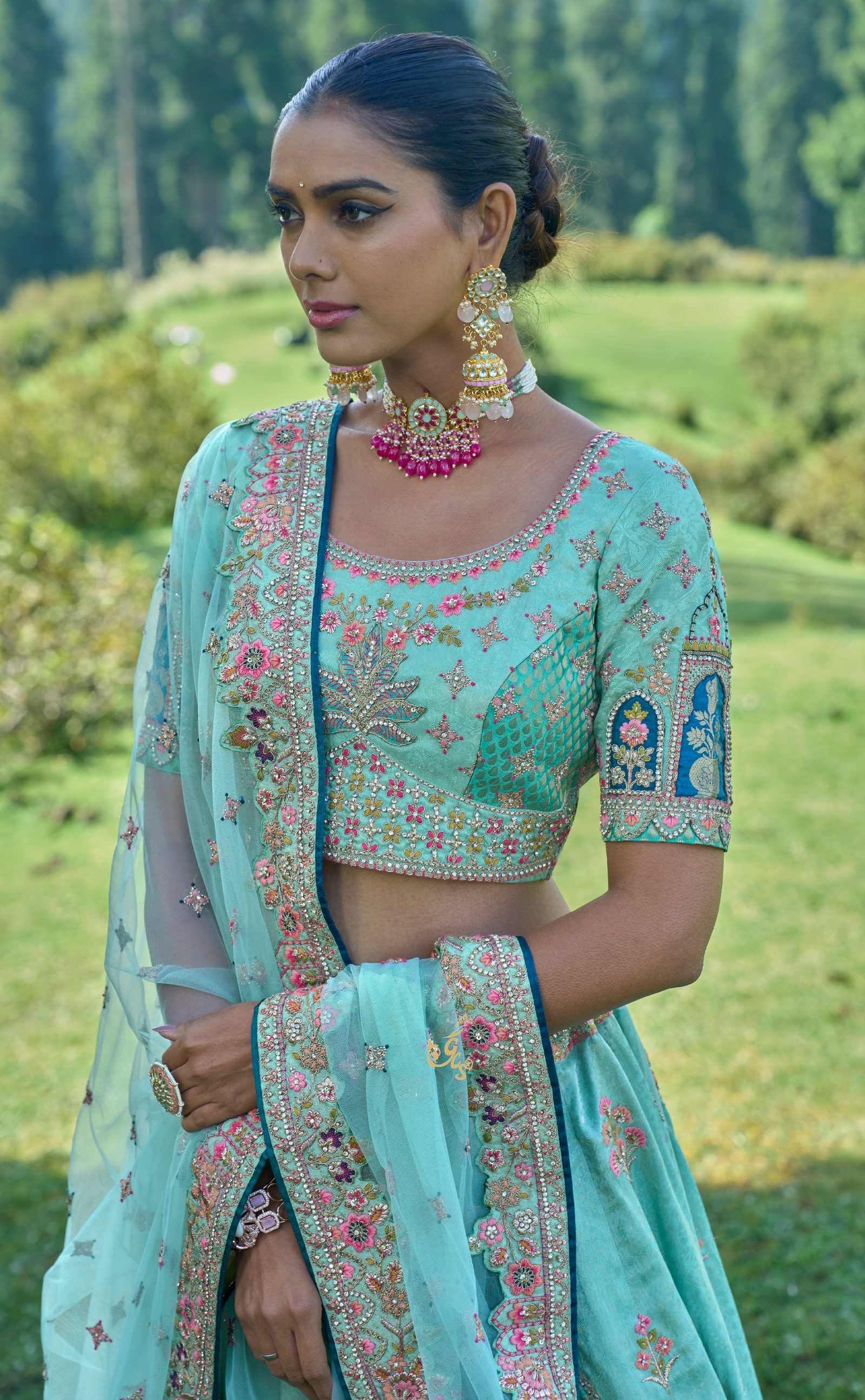 Sky Blue Embroidered Lehenga In Vegan Soft Tissue