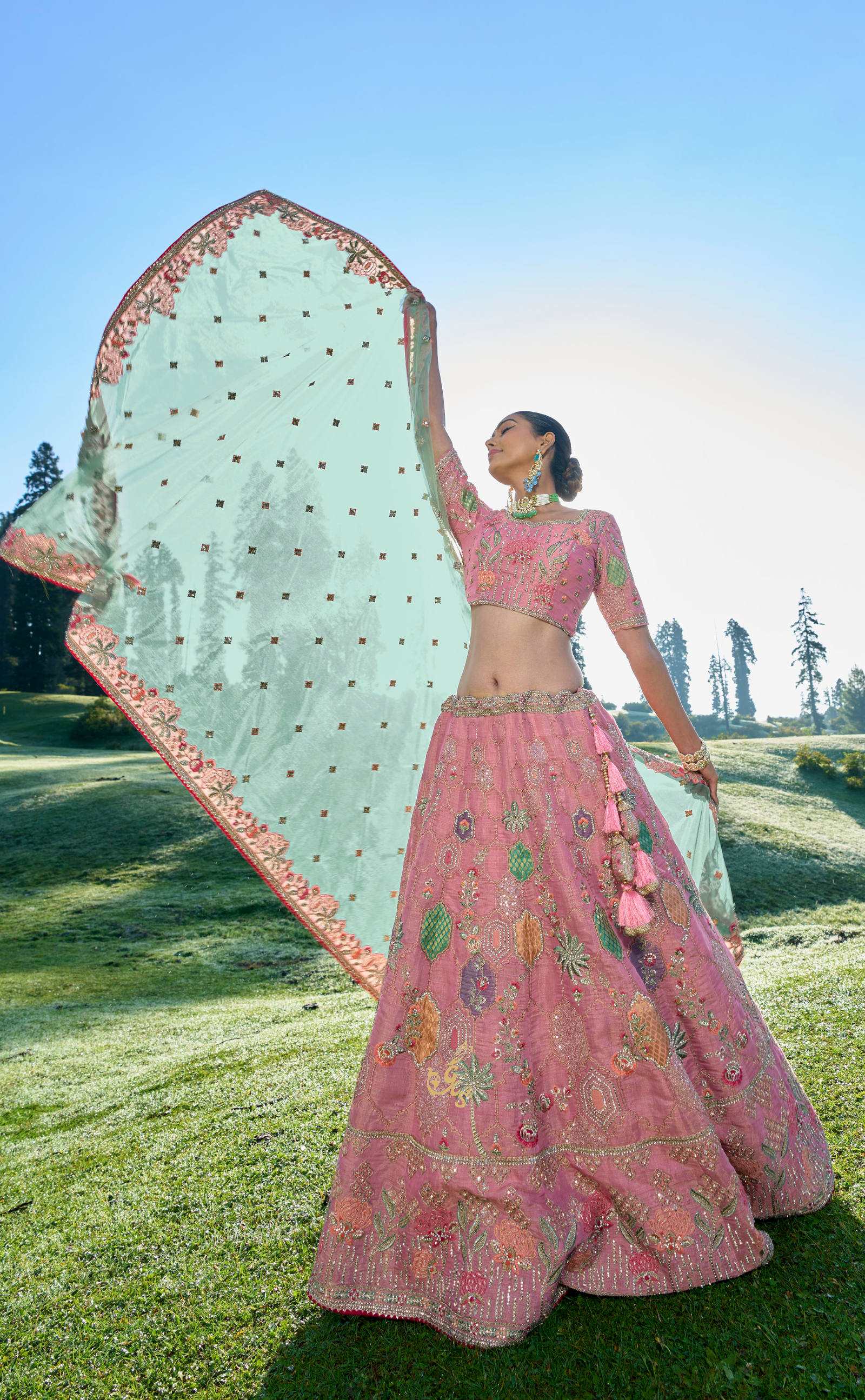 Pink Embroidered Lehenga In Vegan Soft Tissue