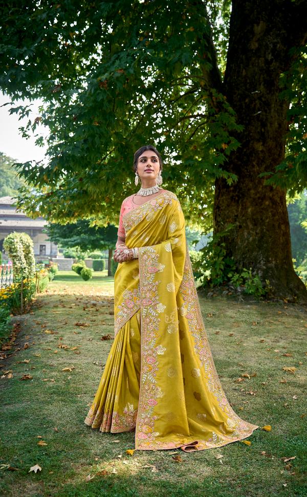 Turmeric Embroidered Saree In Banarasi Vegan Tissue Silk