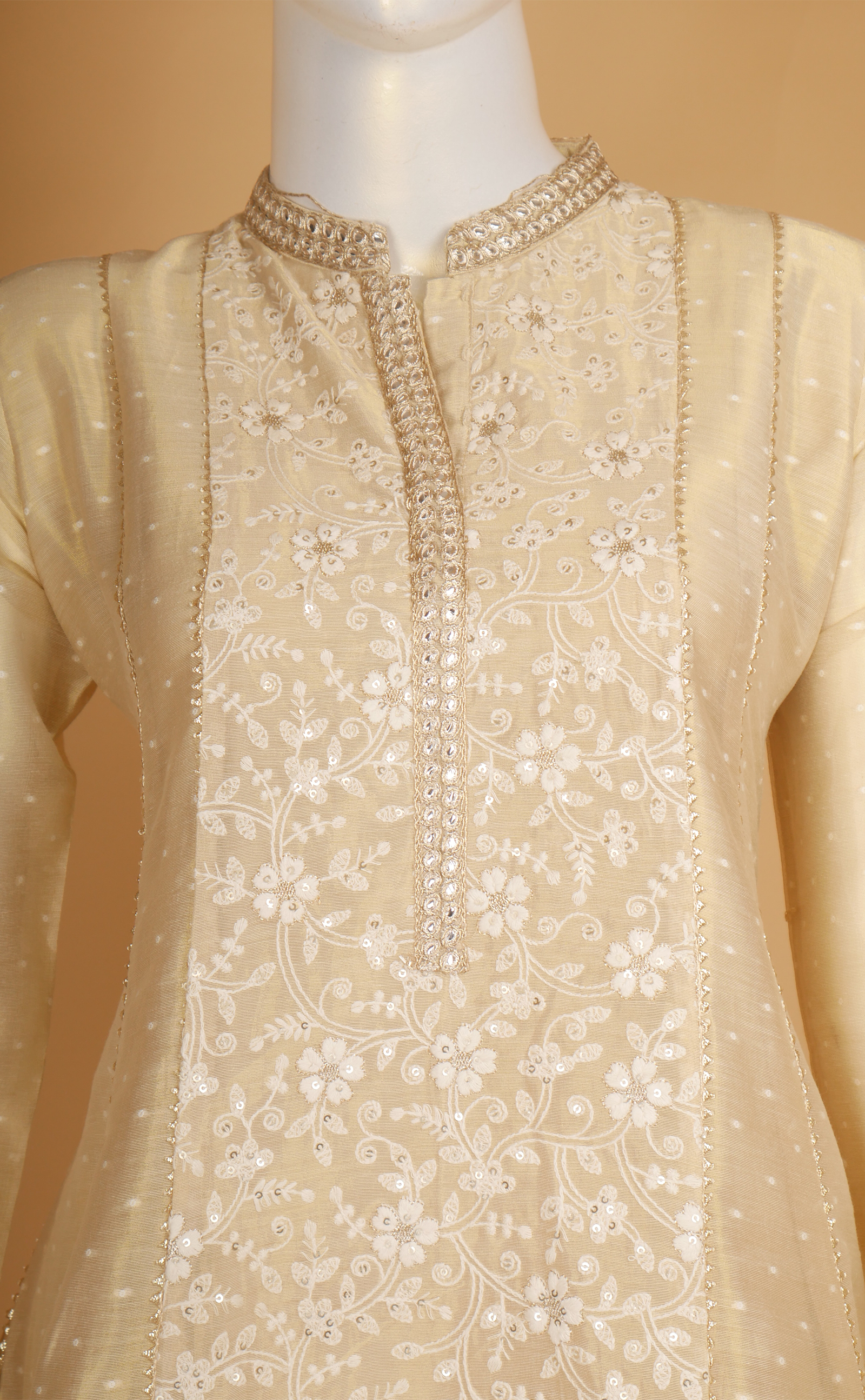 Gold Resham Embroidery Anarkali Dress In Vegan Tissue