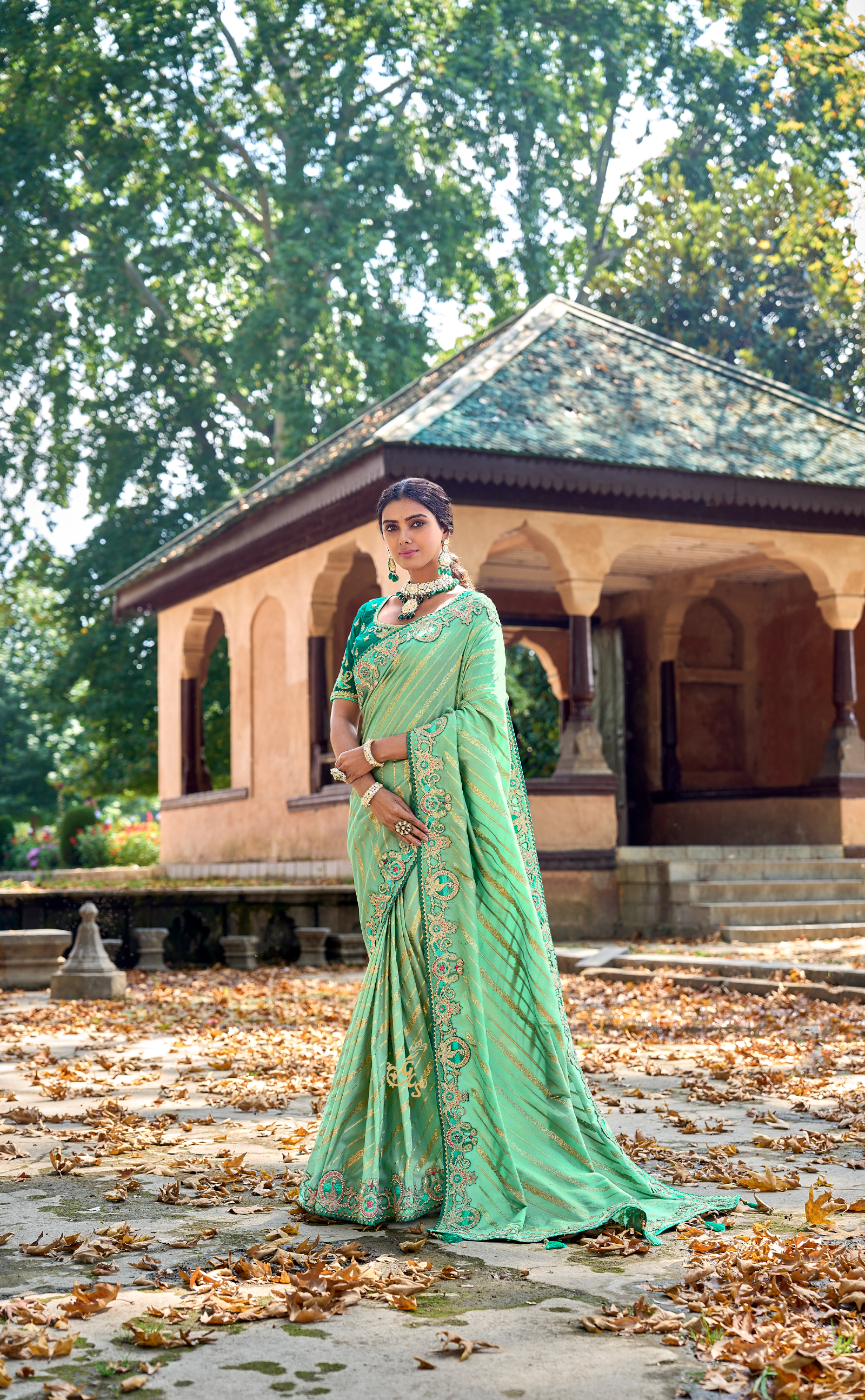 Magic Mint Embroidered Saree In Banarasi Vegan Tissue Silk