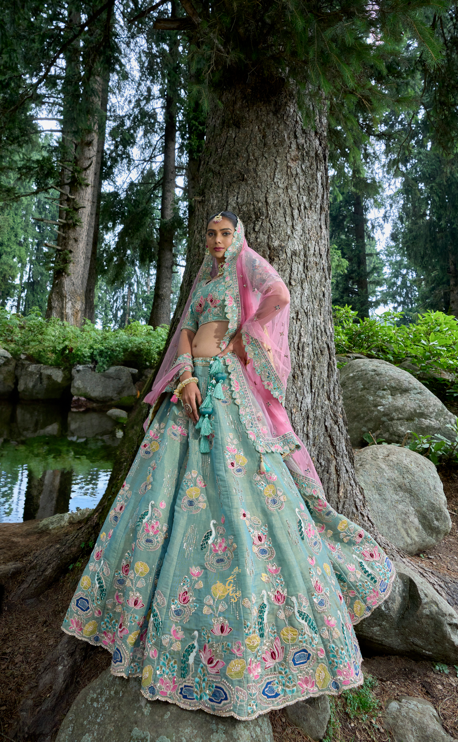 Blue Embroidered Lehenga In Vegan Soft Tissue