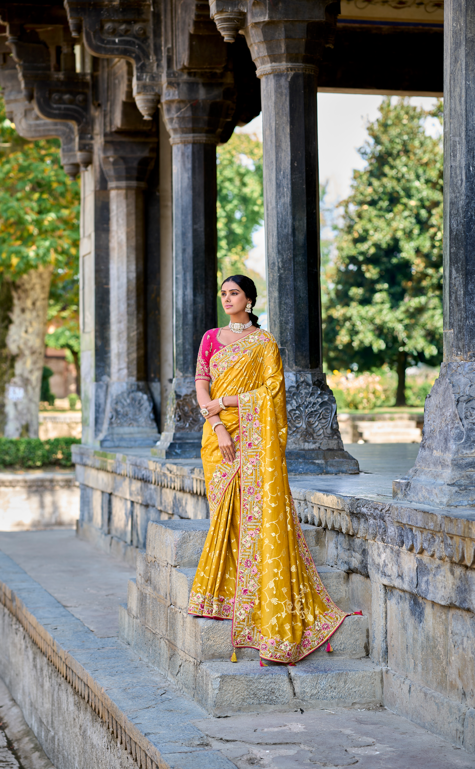 Tulip Tree Embroidered Saree In Banarasi Vegan Tissue Silk