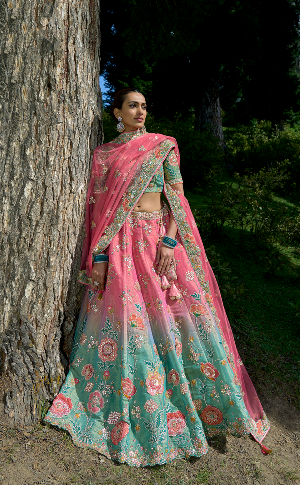 Blue Pink Shaded Embroidered Lehenga In Vegan Soft Tissue