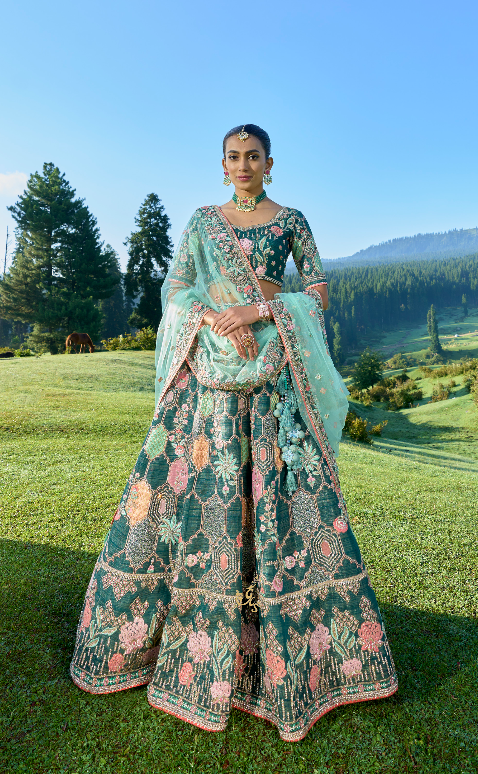 Mineral Green Embroidered Lehenga In Vegan Soft Tissue