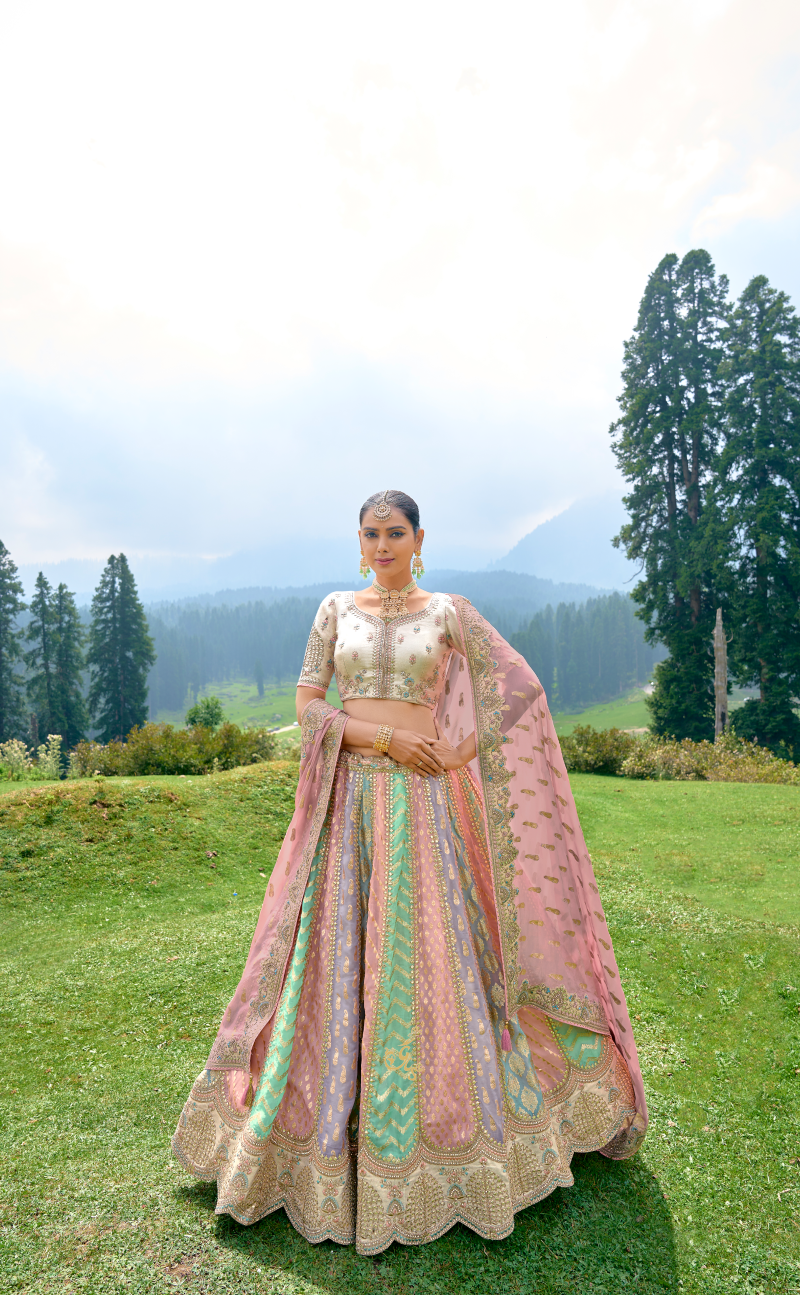 Multicoloured Embroidered Lehenga In Banarasi Vegan Organza