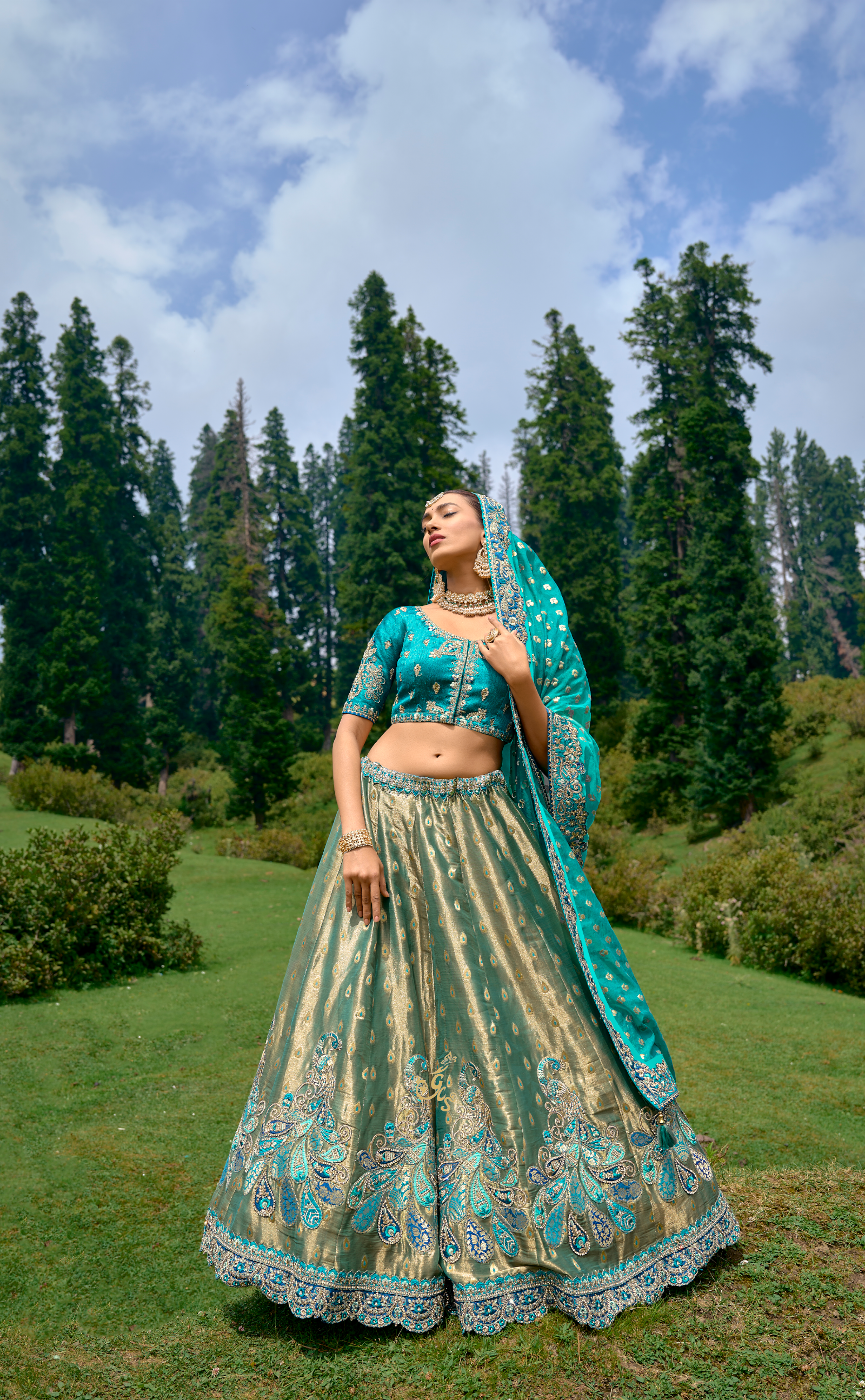 Greenish Blue Embroidered Lehenga In Banarasi Vegan Soft Tissue