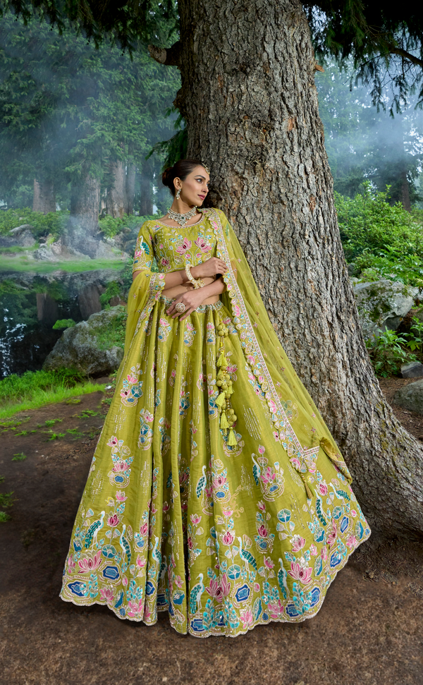 Green Embroidered Lehenga In Vegan Soft Tissue