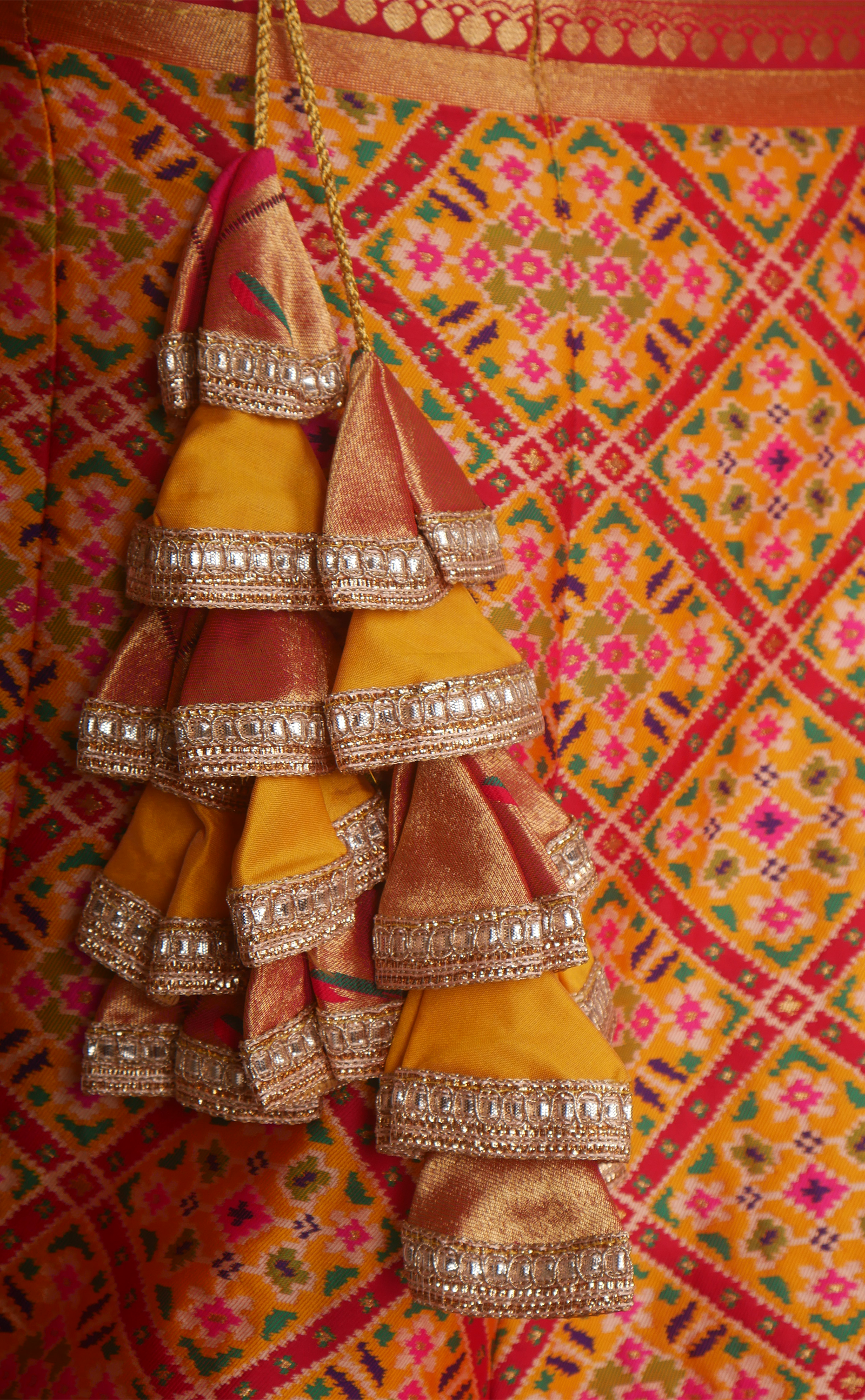 Mustard Patola Vegan Silk Banarasi With Paithani Border Semi-Stitched Lehenga