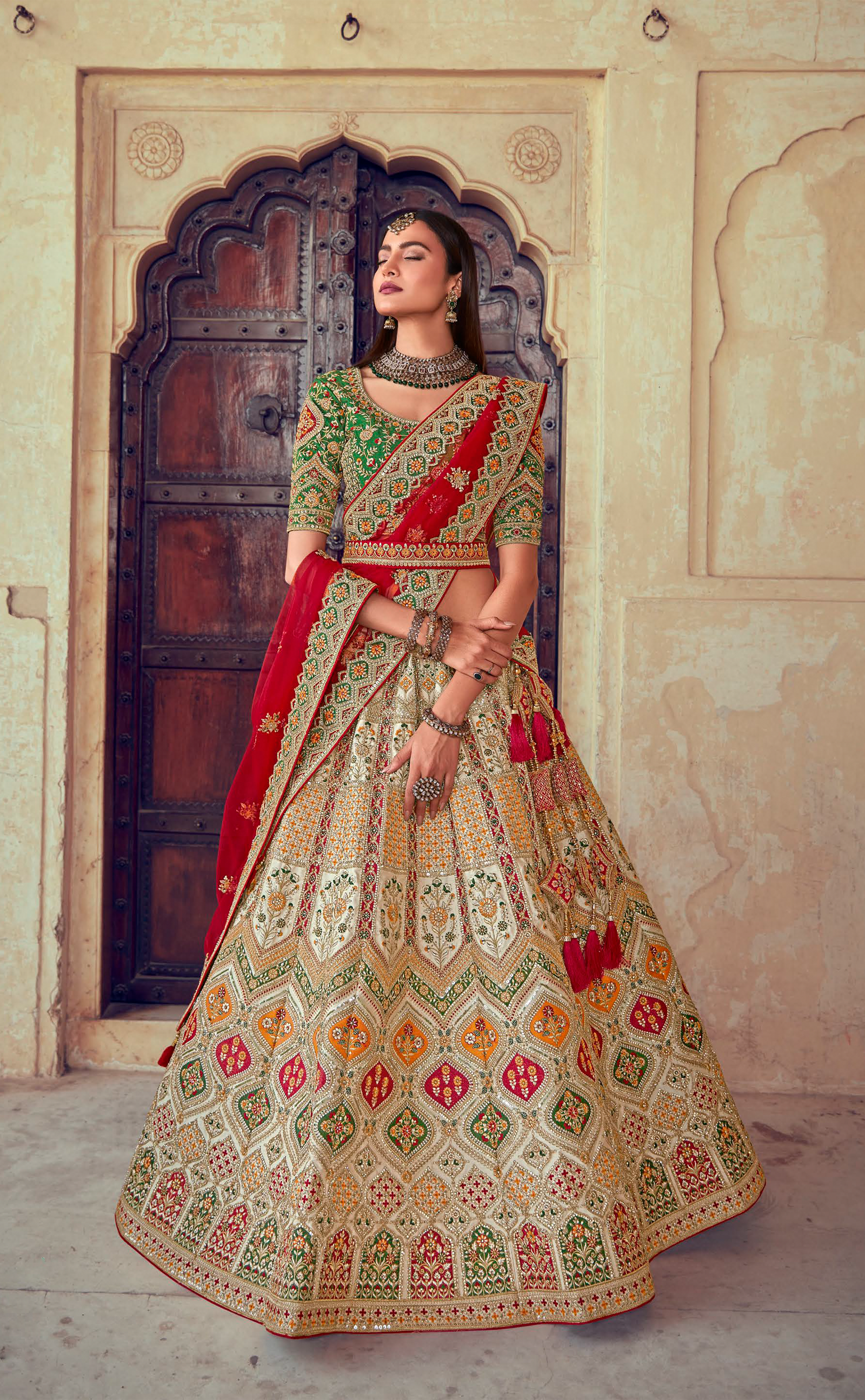 Off-White Embroidery Bridal Lehenga In Vegan Raw Silk