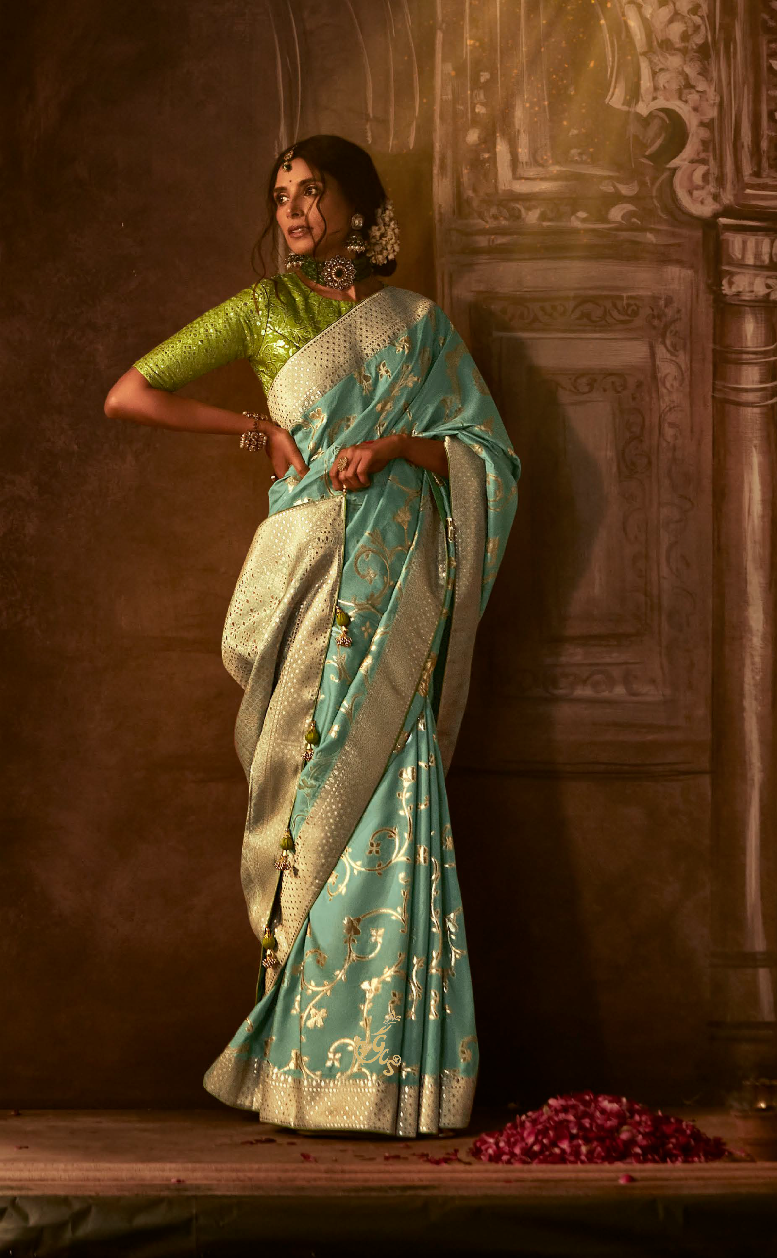 Sage Green Saree In Banarasi Vegan Muga Silk