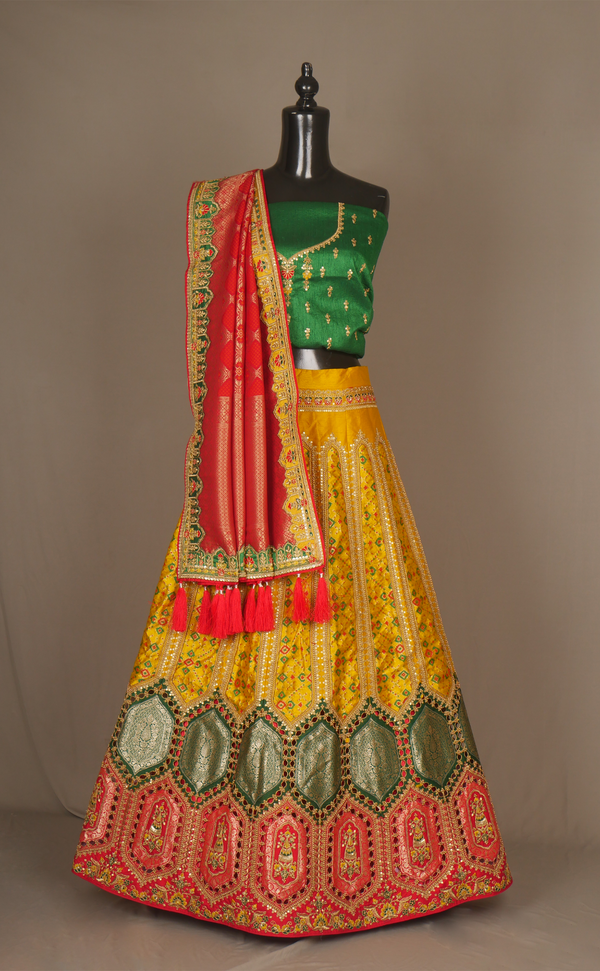 Vegan Silk Banarasi Patola Semi-Stitched Lehenga