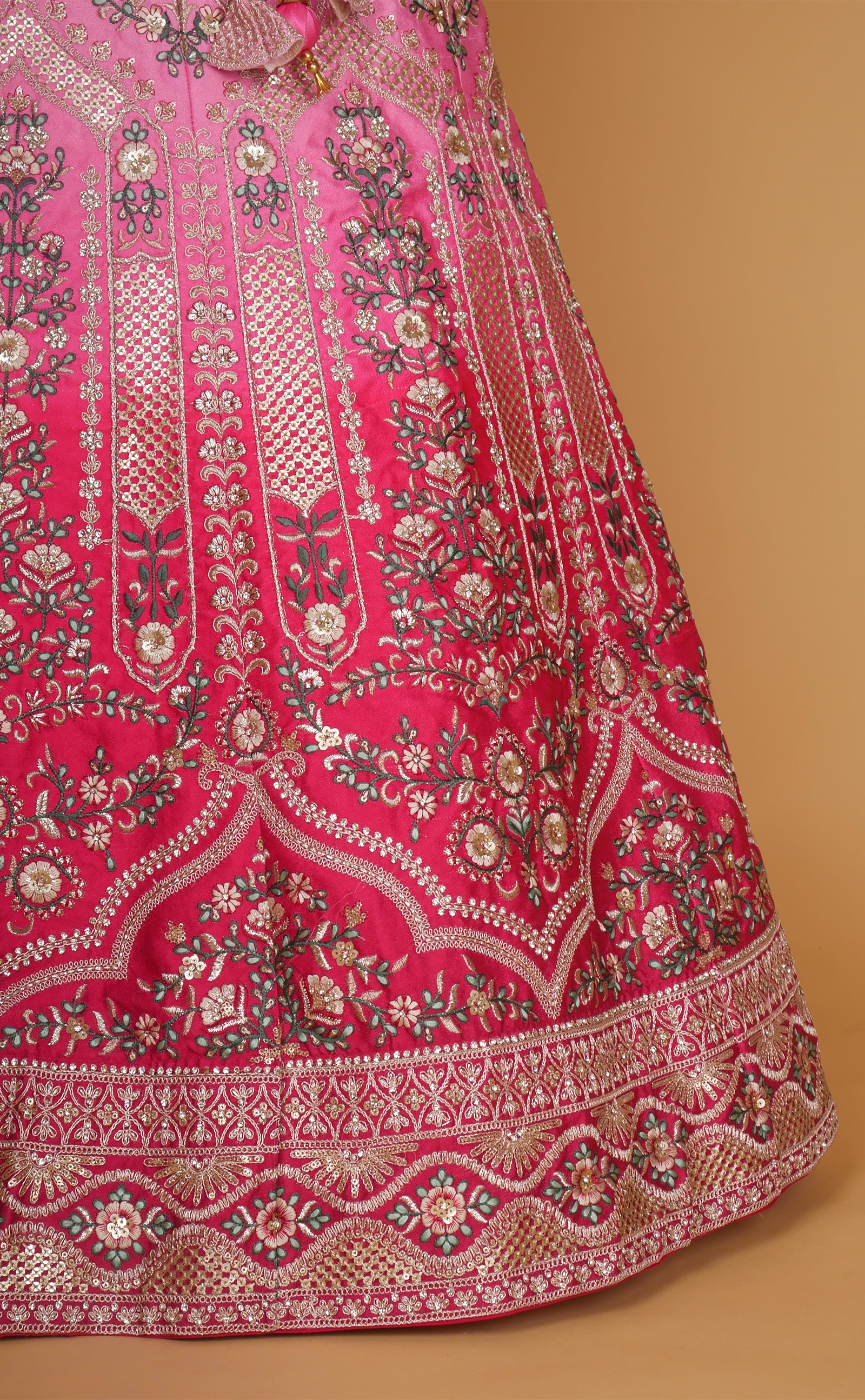 Rani Pink Shaded Embroidered Lehenga In Vegan Raw Silk