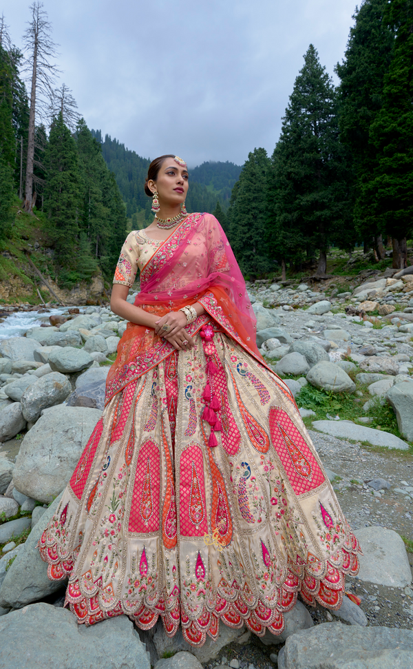 Creme Embroidered Lehenga In Vegan Soft Tissue