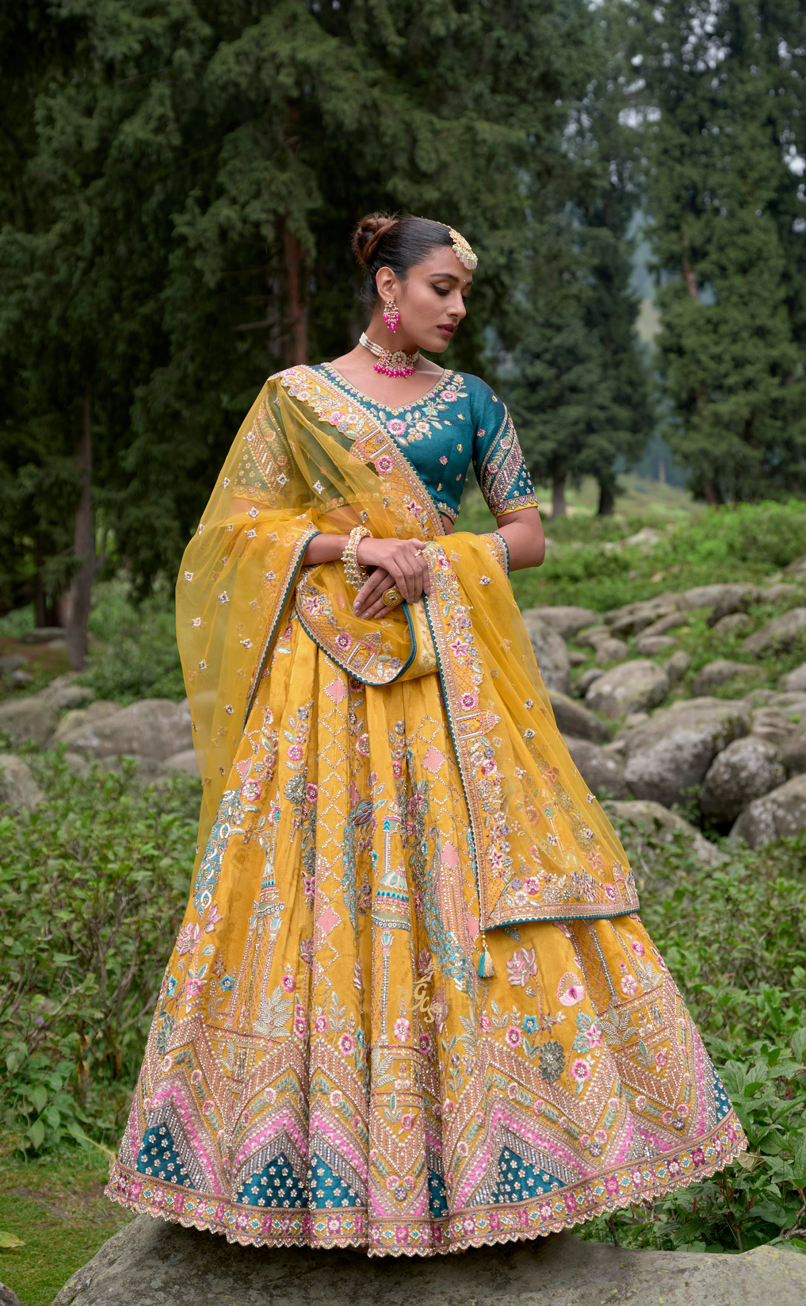 Mustard Embroidered Lehenga In Banarasi Vegan Silk