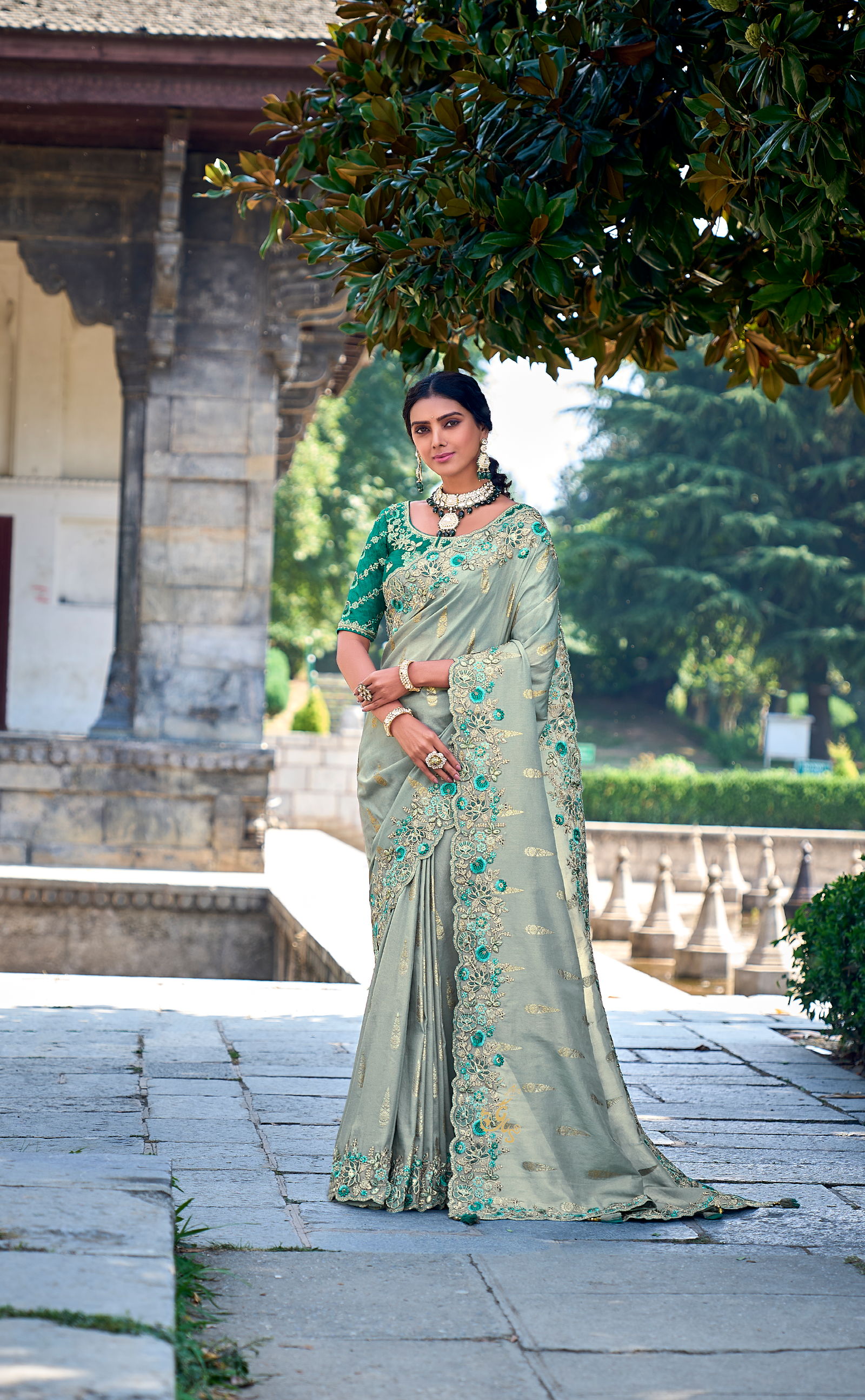 Blue Smoke Embroidered Saree In Banarasi Vegan Tissue Silk