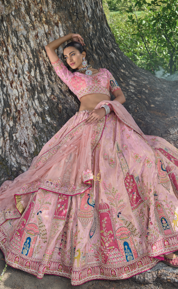 Light Pink Embroidered Lehenga In Vegan Soft Tissue