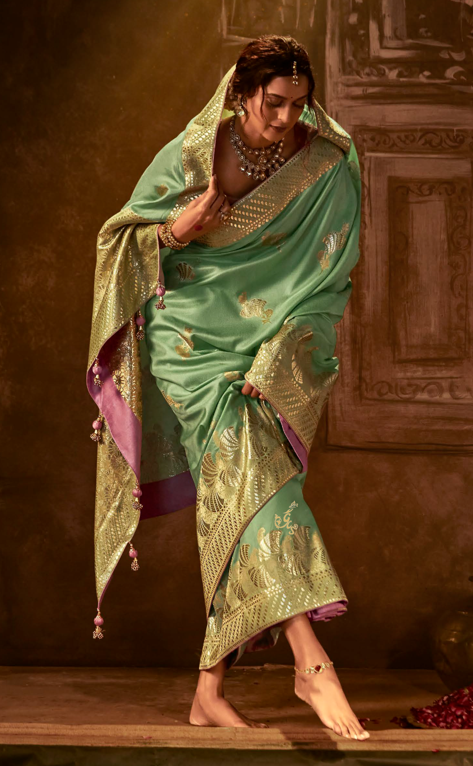 Dusty Green Saree In Banarasi Vegan Muga Silk