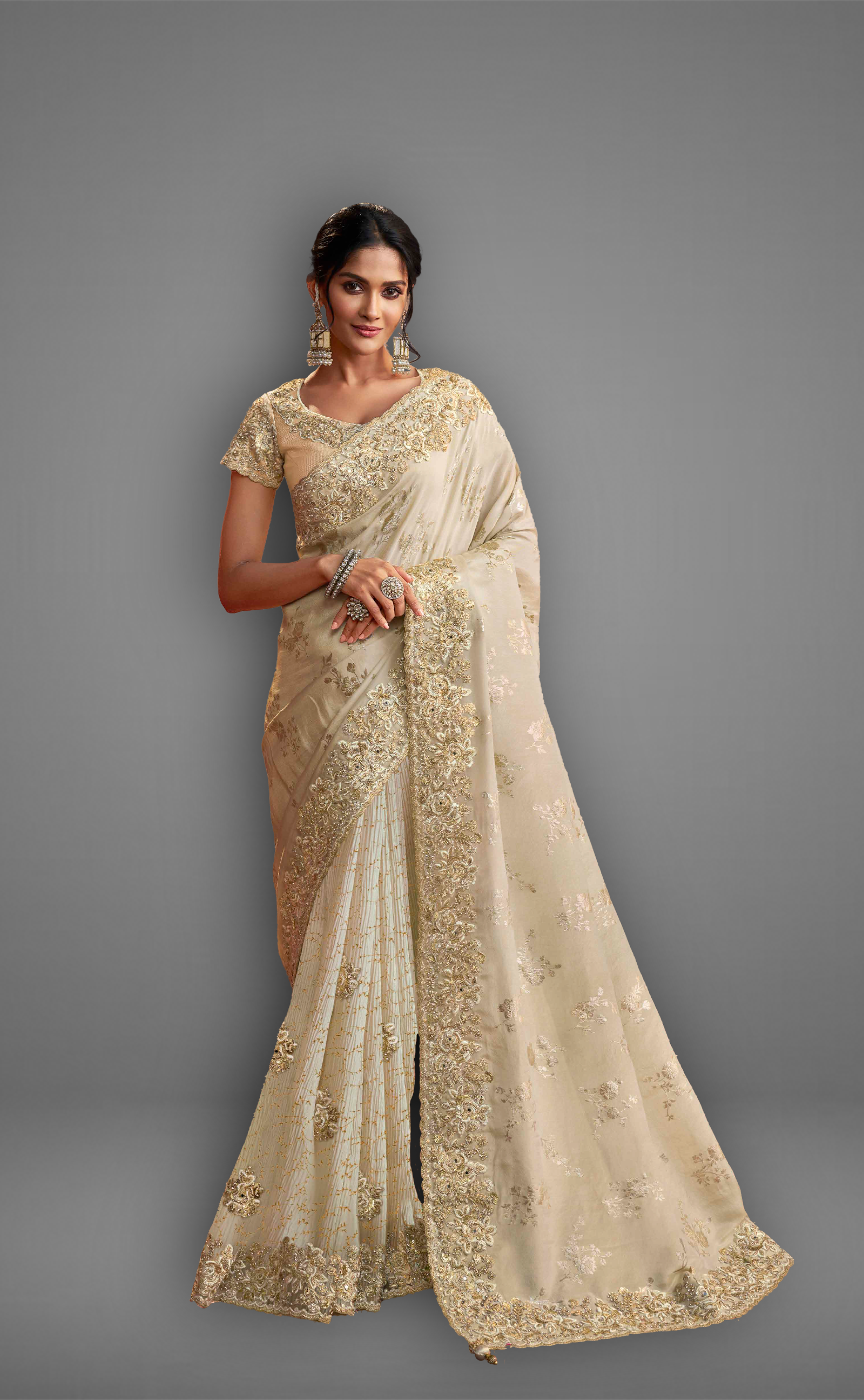 Off-White Saree With Embroidered Border In Soft Vegan Tissue Georgette