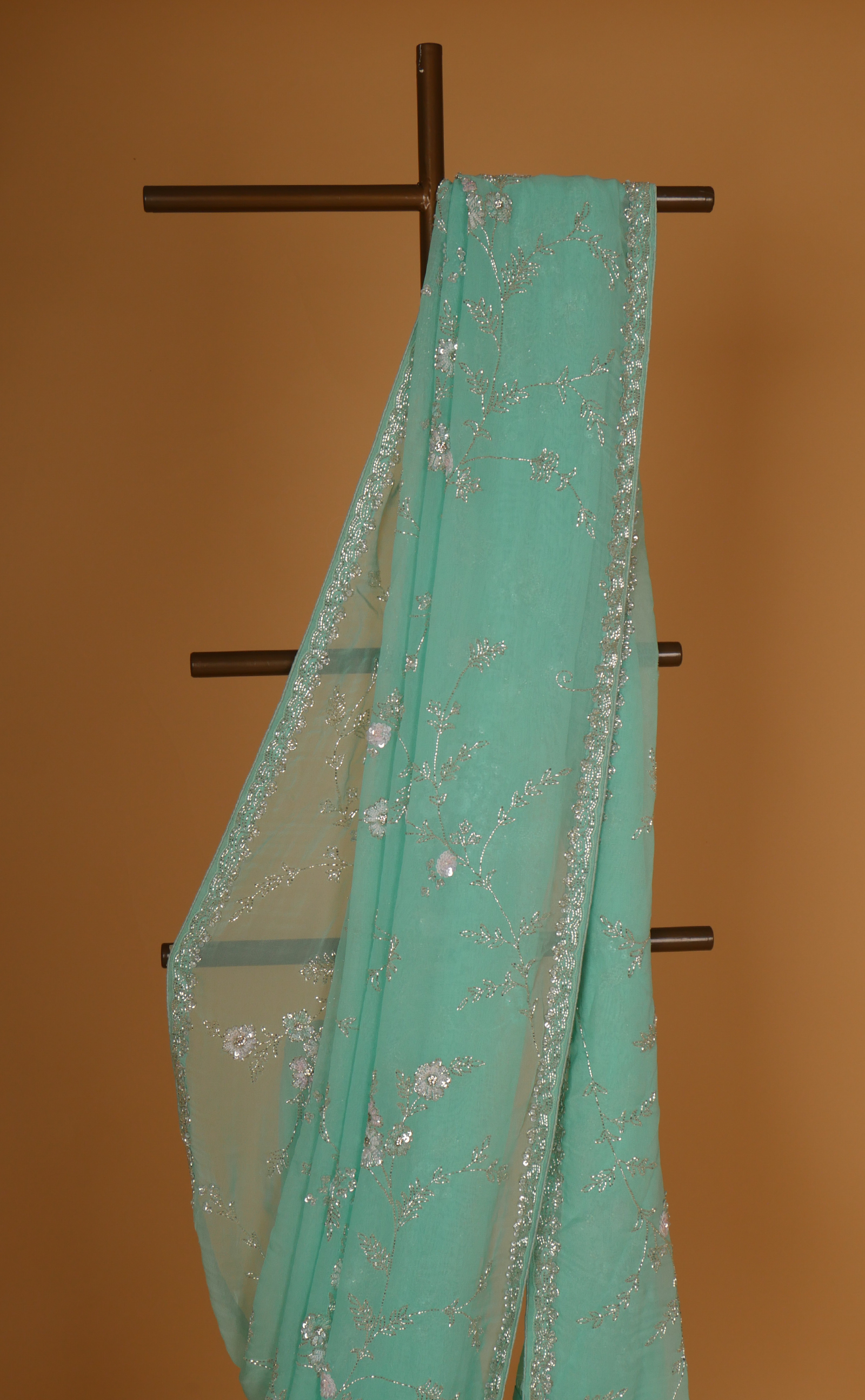 Sea Green Hand Jaal Embroidery Saree In Vegan Georgette