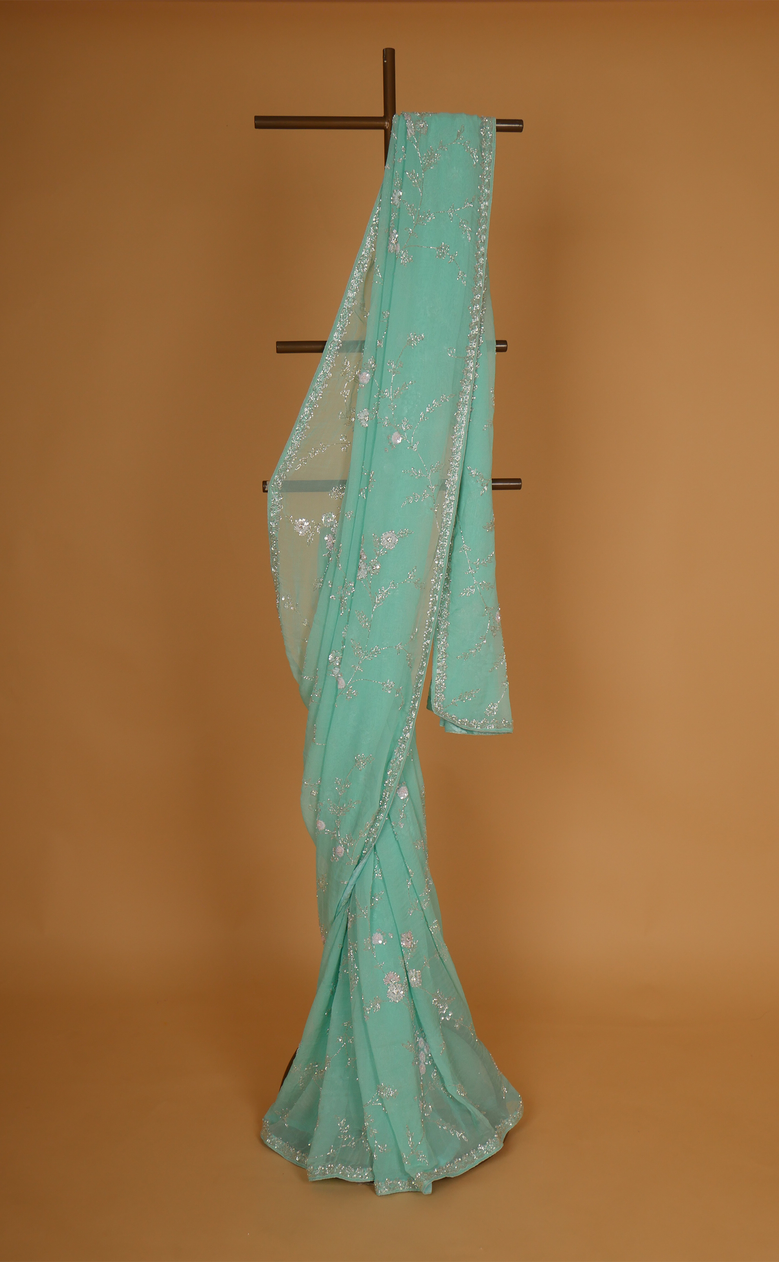 Sea Green Hand Jaal Embroidery Saree In Vegan Georgette