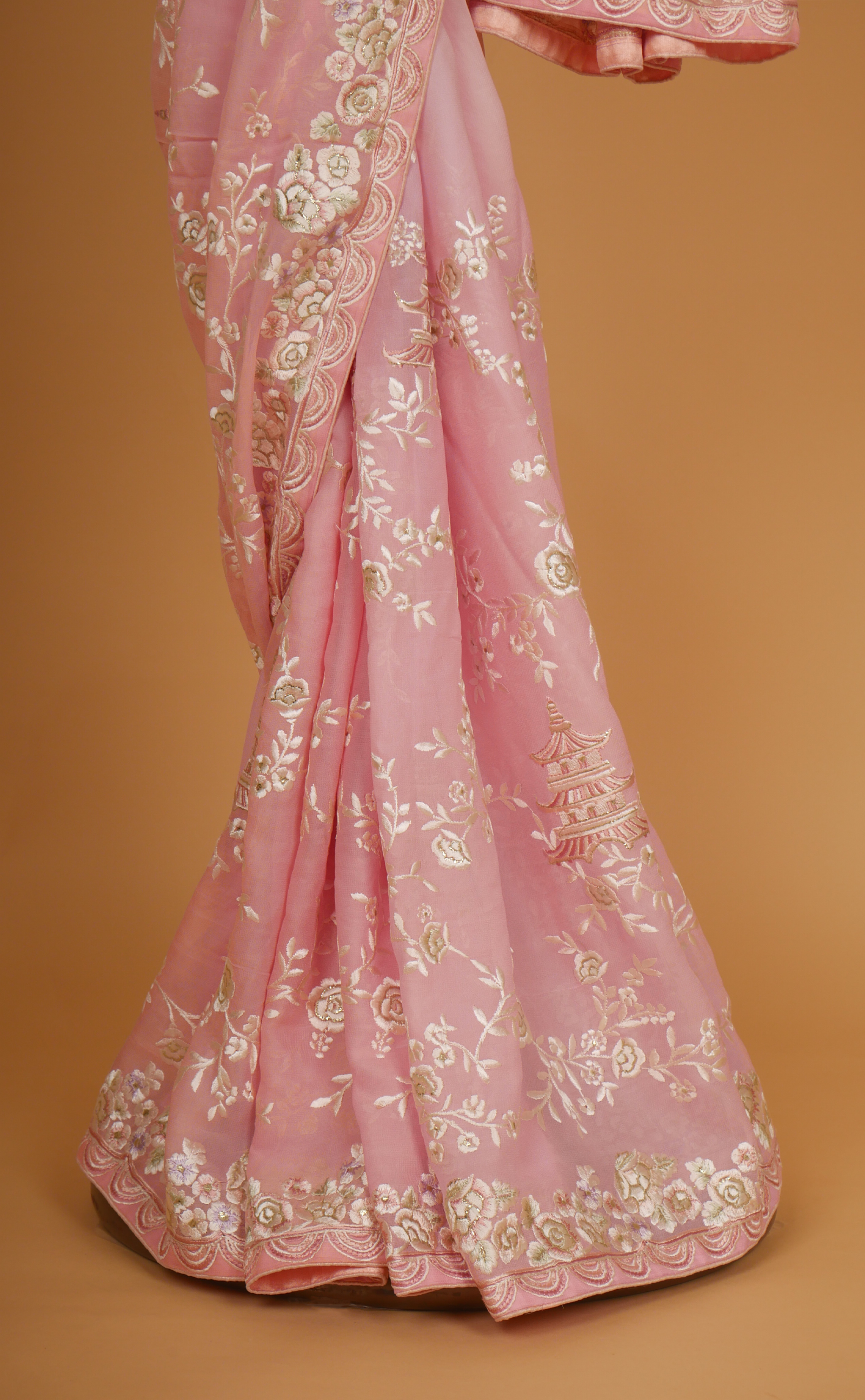 Pink Shaded Parsi Jaal Embroidery Saree In Vegan Georgette