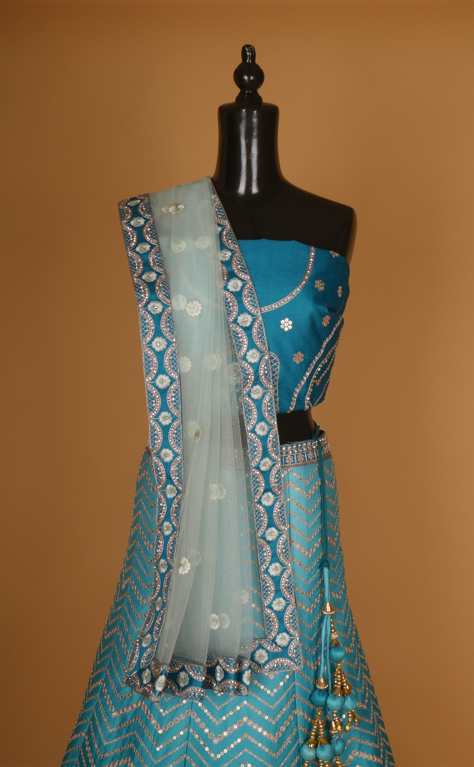 Firozi Blue Shaded Embroidered Lehenga In Vegan Raw Silk