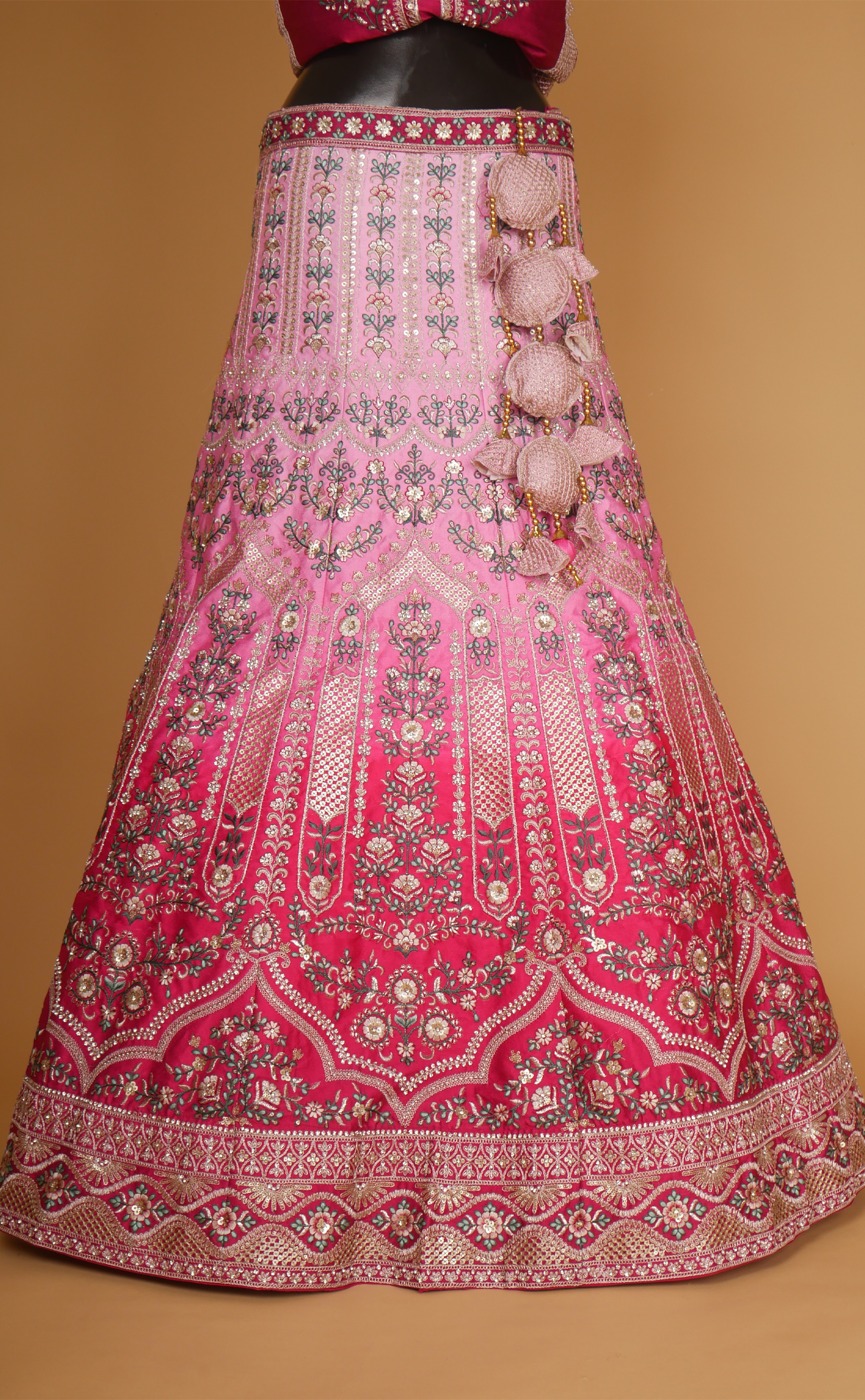 Rani Pink Shaded Embroidered Lehenga In Vegan Raw Silk