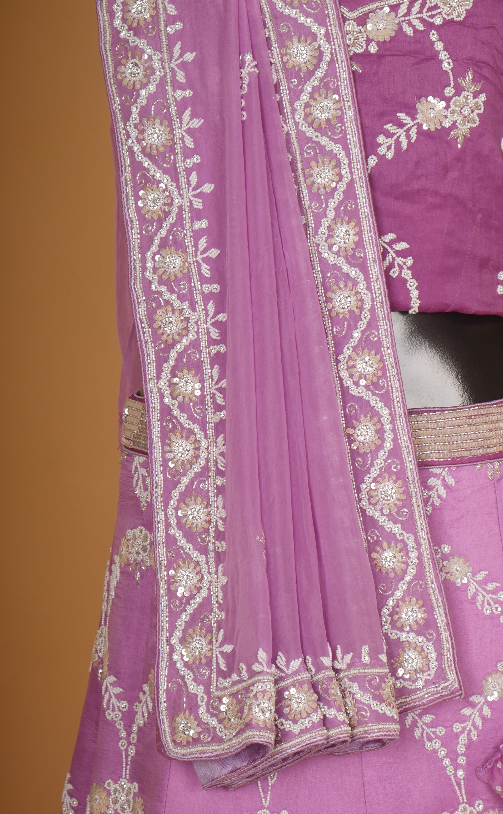 Purple Shaded Hand Pearl Embroidery Bridal Lehenga In Vegan Raw Silk