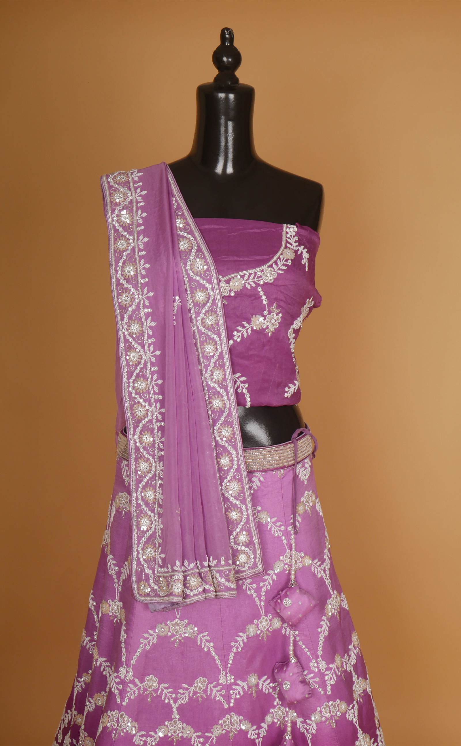 Purple Shaded Hand Pearl Embroidery Bridal Lehenga In Vegan Raw Silk