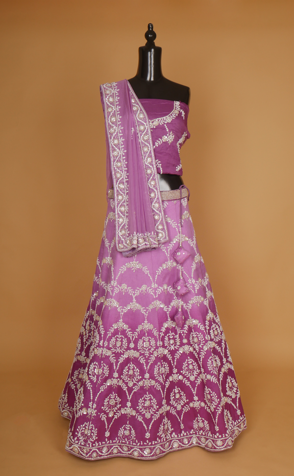 Purple Shaded Hand Pearl Embroidery Bridal Lehenga In Vegan Raw Silk