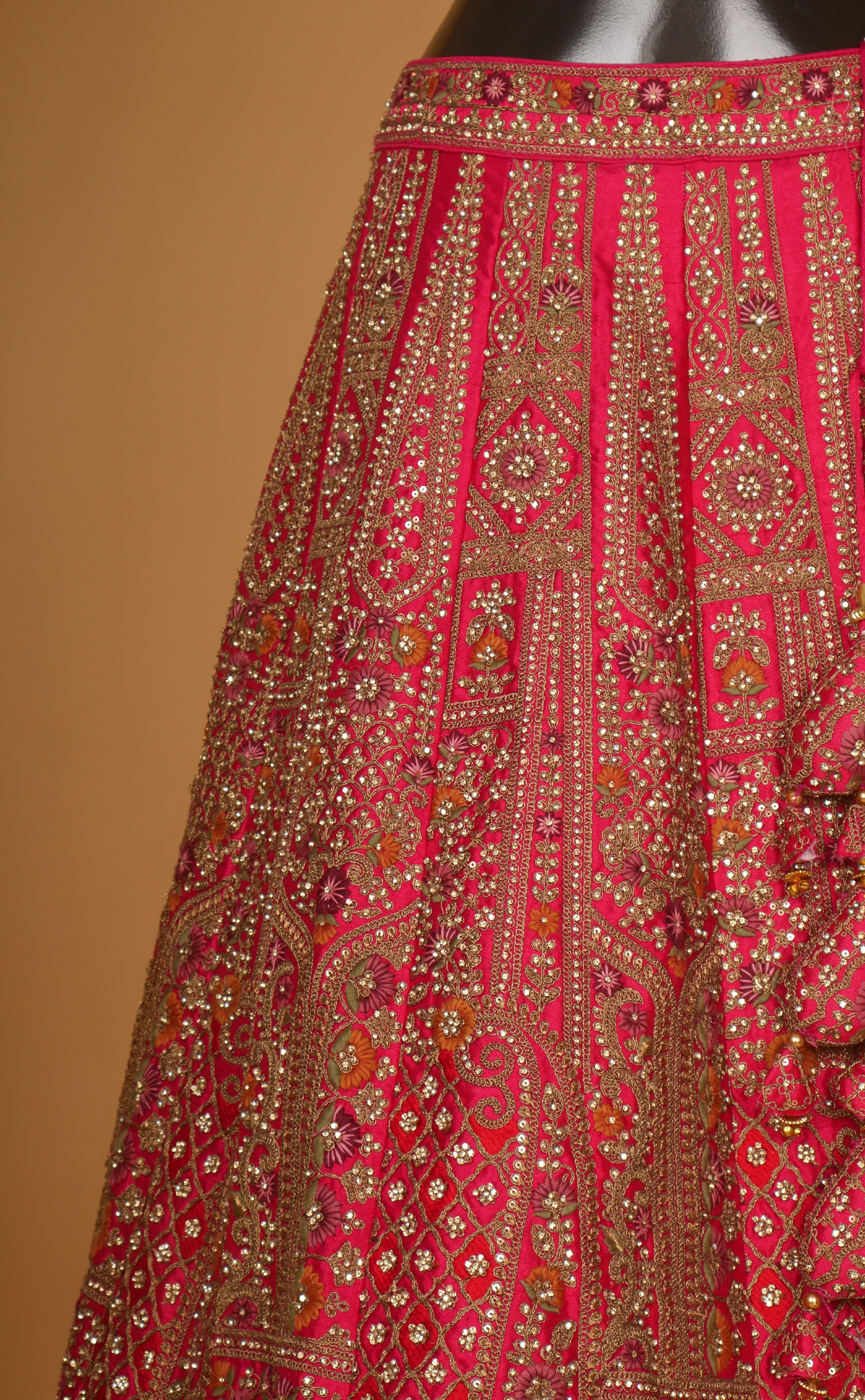 Rani Antique Work Bridal Lehenga In Vegan Raw Silk