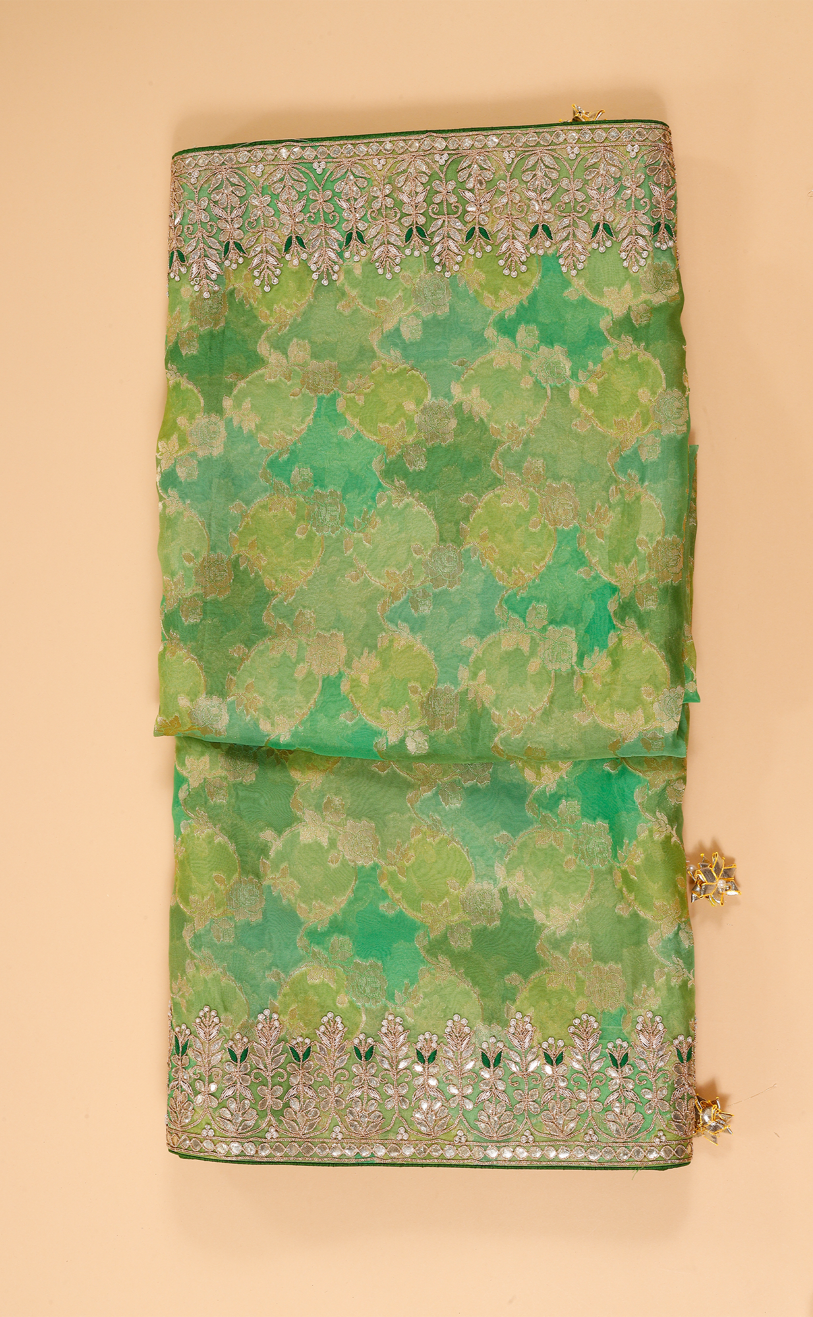 Parrot Green Hand Embroidery Bridal Saree In Vegan Organza