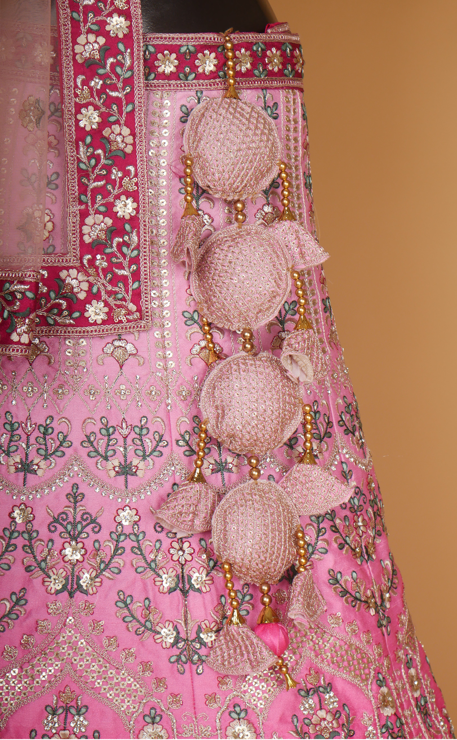 Rani Pink Shaded Embroidered Lehenga In Vegan Raw Silk