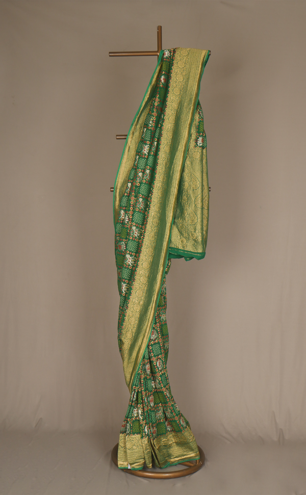 Leaf Green Khaddi Vegan Georgette Bandhani And Patola Design