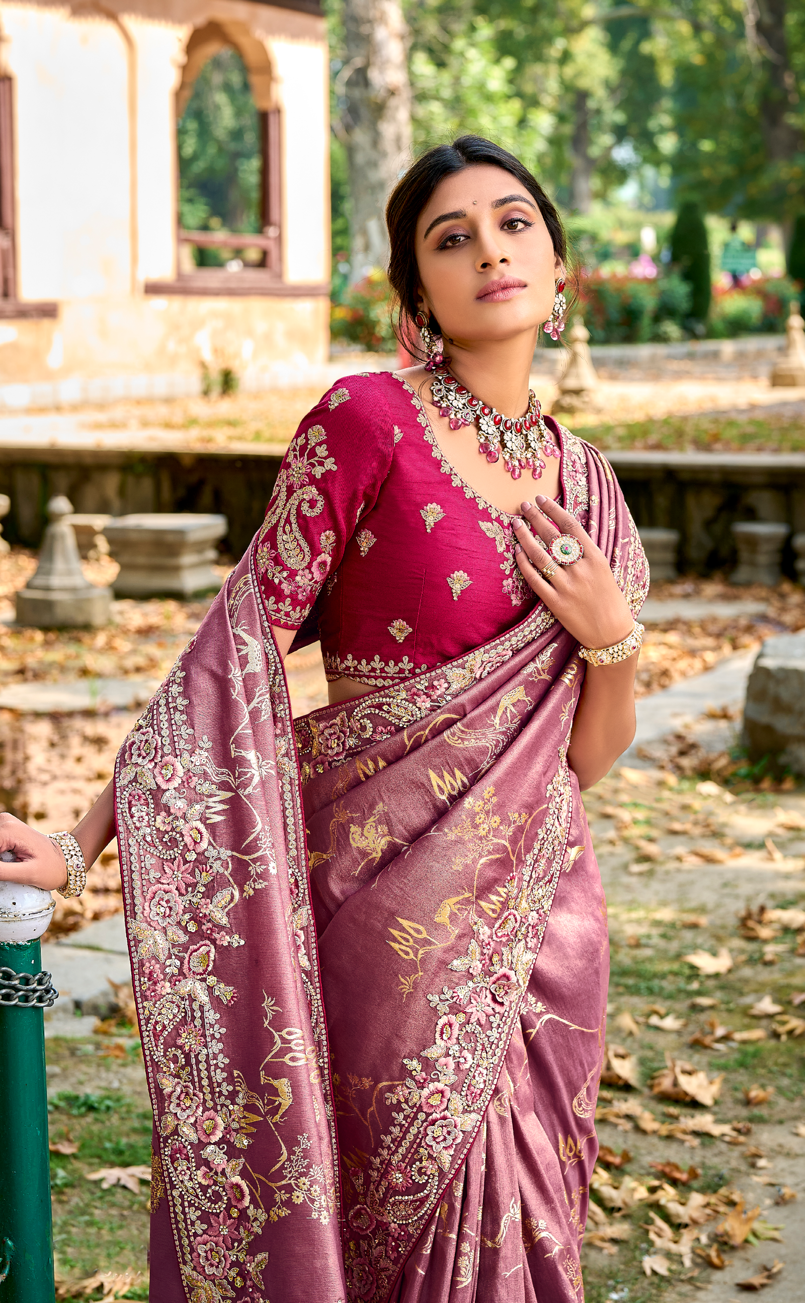 Coral Tree Embroidered Saree In Banarasi Vegan Tissue Silk