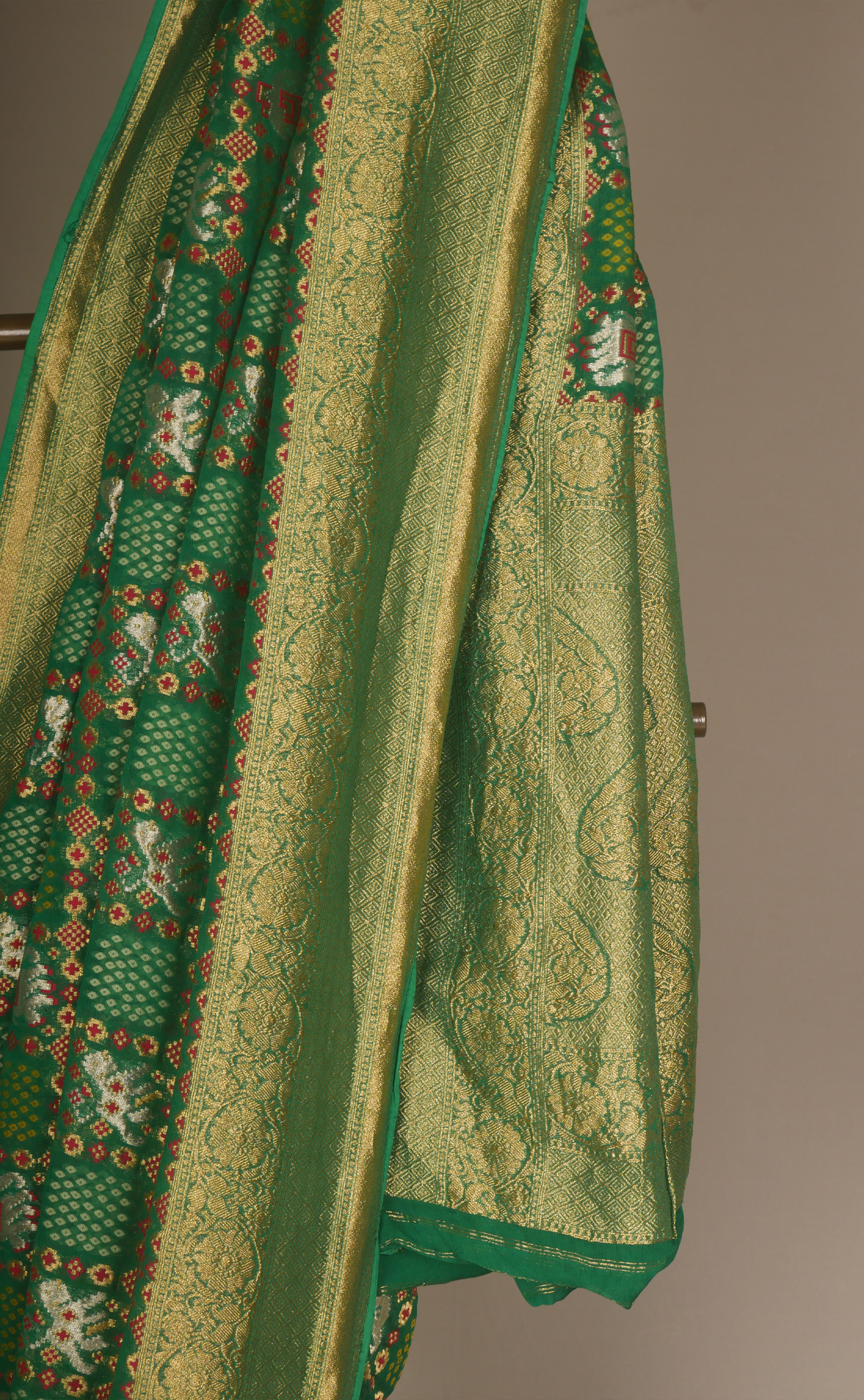 Leaf Green Khaddi Vegan Georgette Bandhani And Patola Design