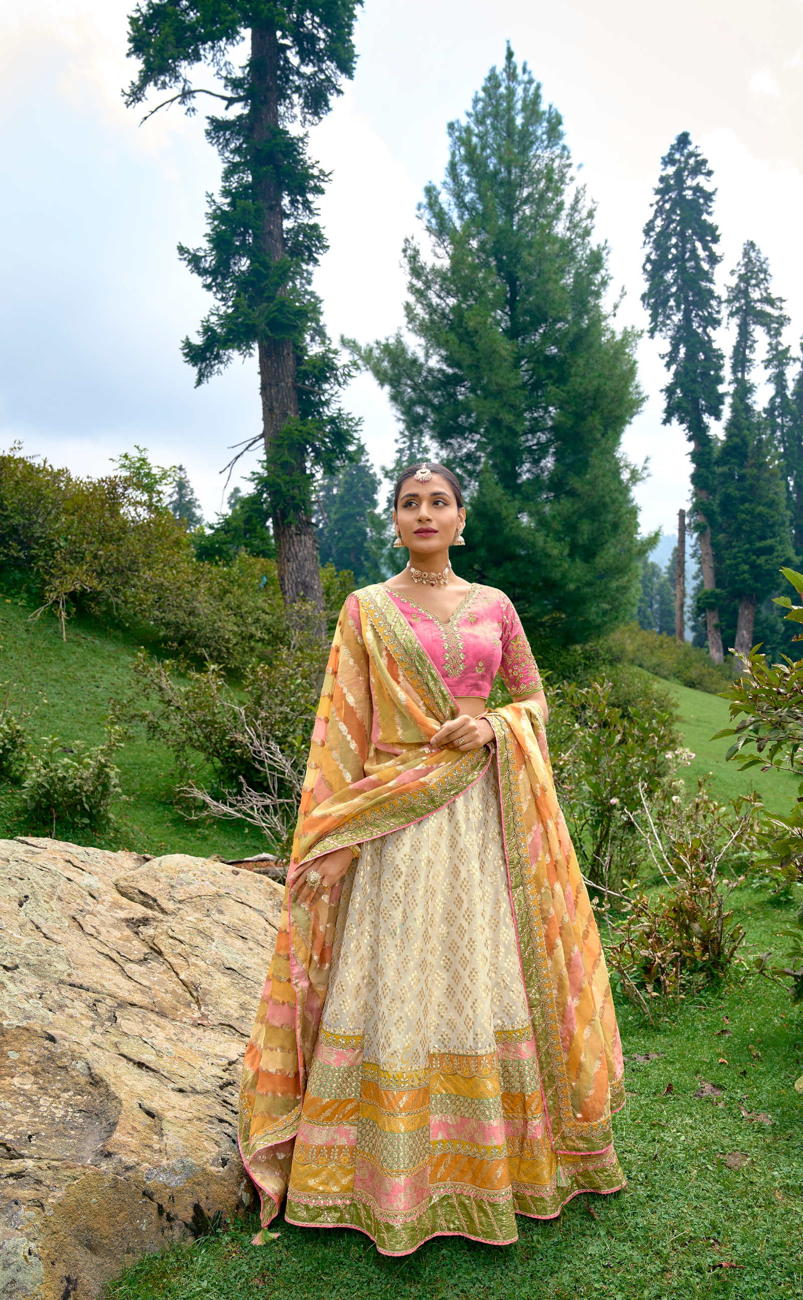 Off-White Embroidered Lehenga In Banarasi Vegan Organza